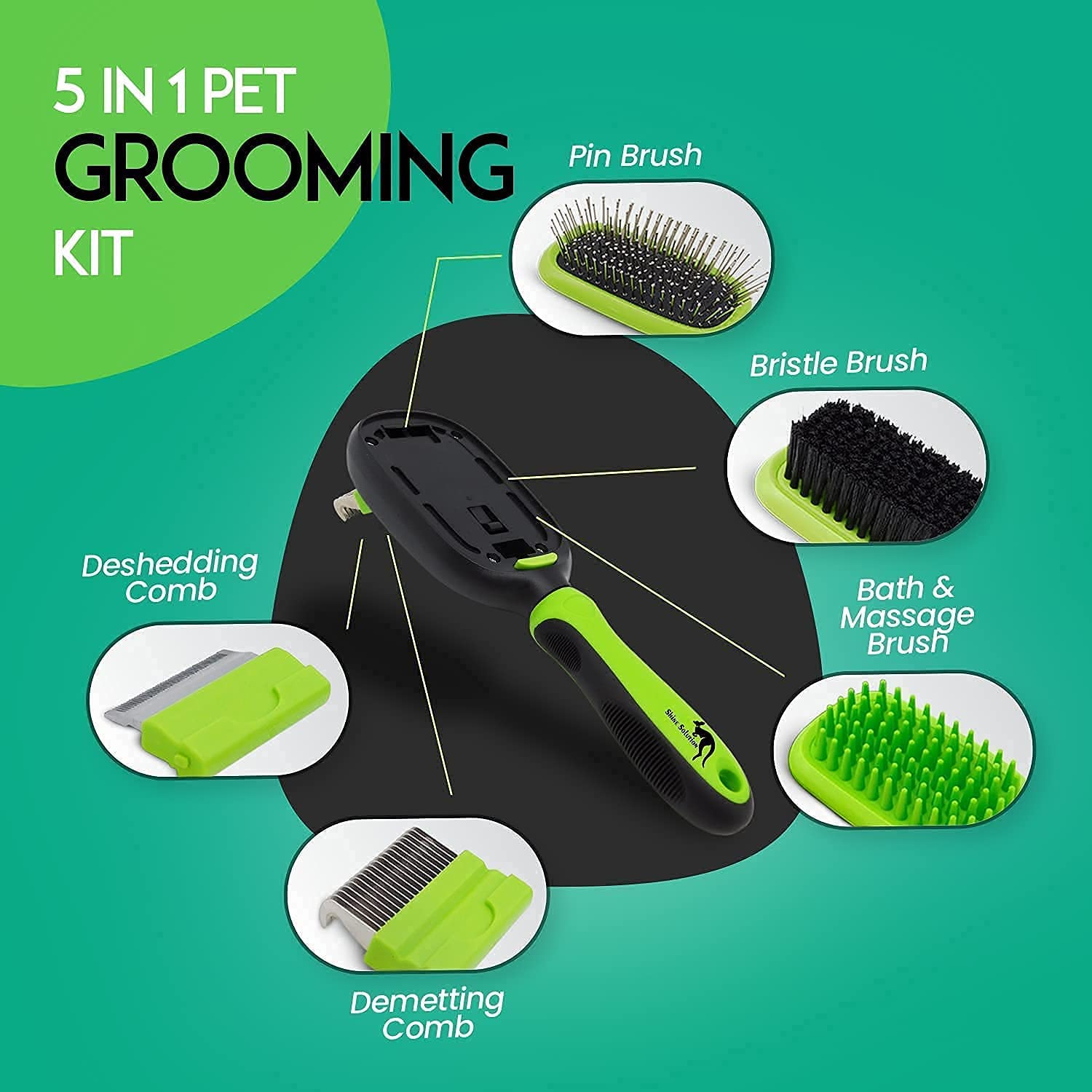 Sunshine Solution Professional Dog Brush , Cat Brush for Dog and Cat Grooming | 5 in One Solution | Dematting Comb | Dog Comb | Deshedding Comb | Bristle Brush | Pin Brush | Bath & Massage Cat Brush and Pet Brush