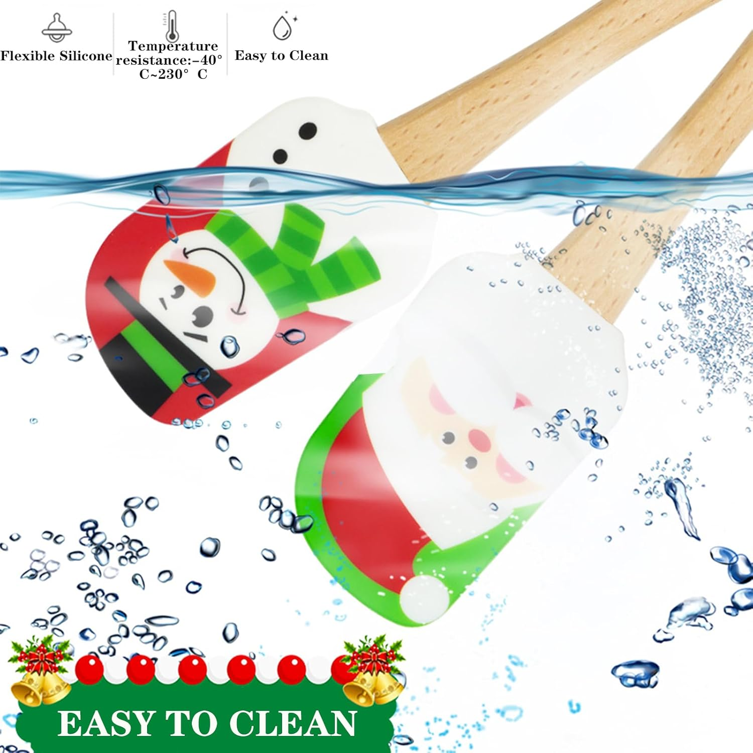 Silicone Spatula, Caliamary 3 Pieces Kitchen Mini Silicone Spatula Set, Christmas Cake Decorating Spatula with Wooden Handle, Snowman Gingerbread Man and Santa Claus Pattern (3) image number 3