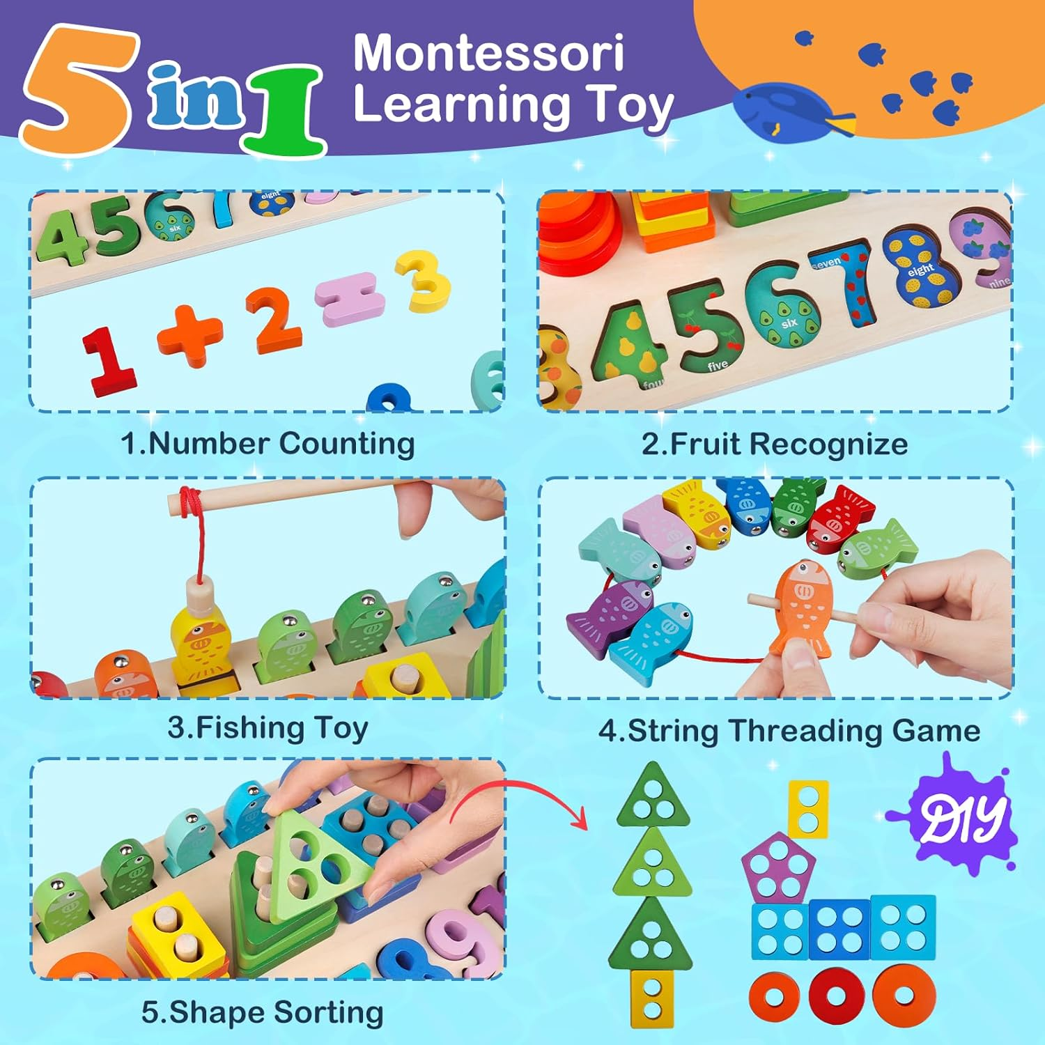 Montessori Toys for Toddlers 1-3 Year Old 5 in 1 Wooden Toys Sorting & Stacking Toys Magnetic Fishing Game Educational Toys for Age 2 3 4 Year Olds Boys Girls Birthday Gifts image number 3