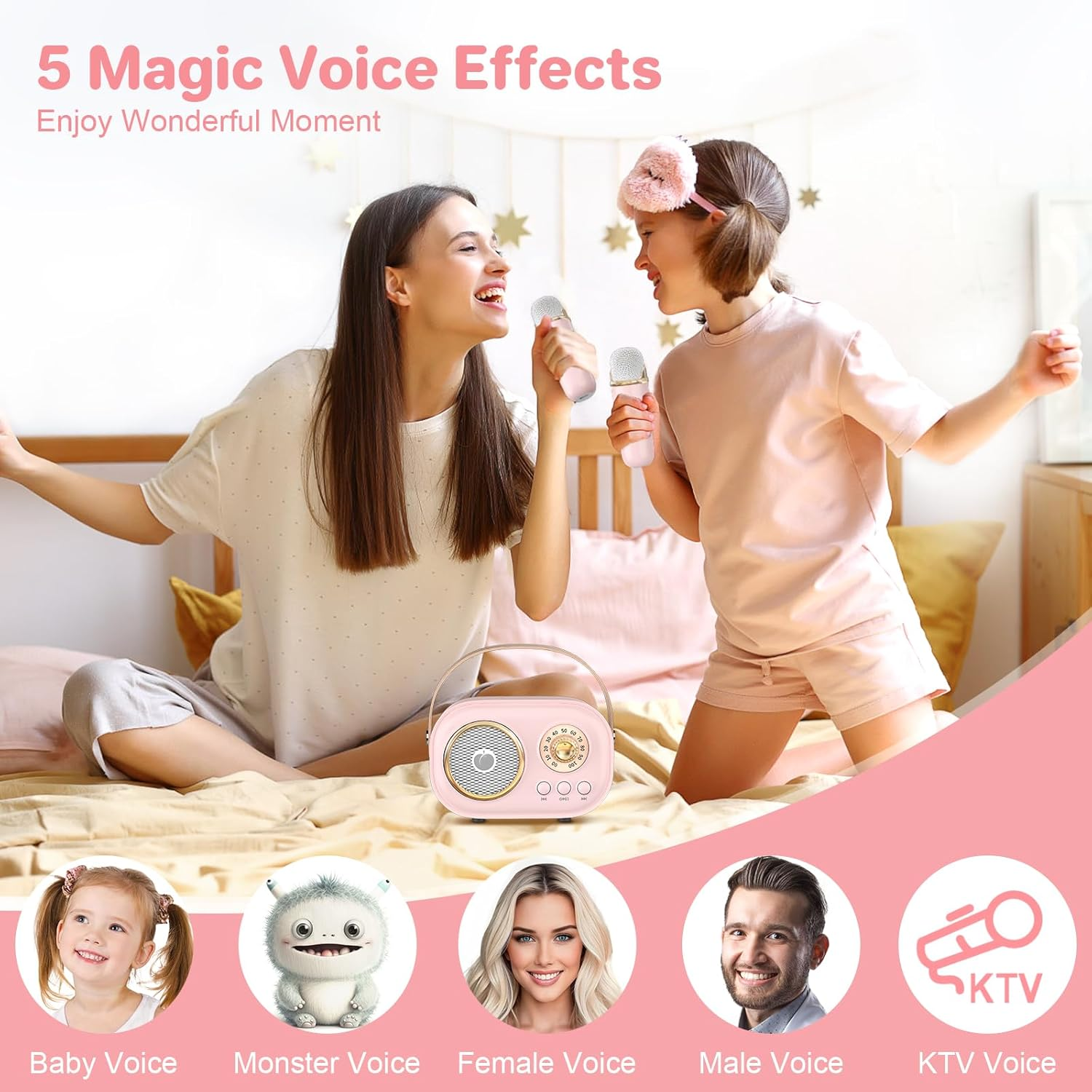 Mini Karaoke Machine for Kids Adults,Portable Bluetooth Speaker with 2 Wireless Microphones, Gifts Toys for Girls 3, 4, 5, 6, 7, 8+ Years Old Toddler Teens Birthday Family Home Party (Pink) - Green image number 7