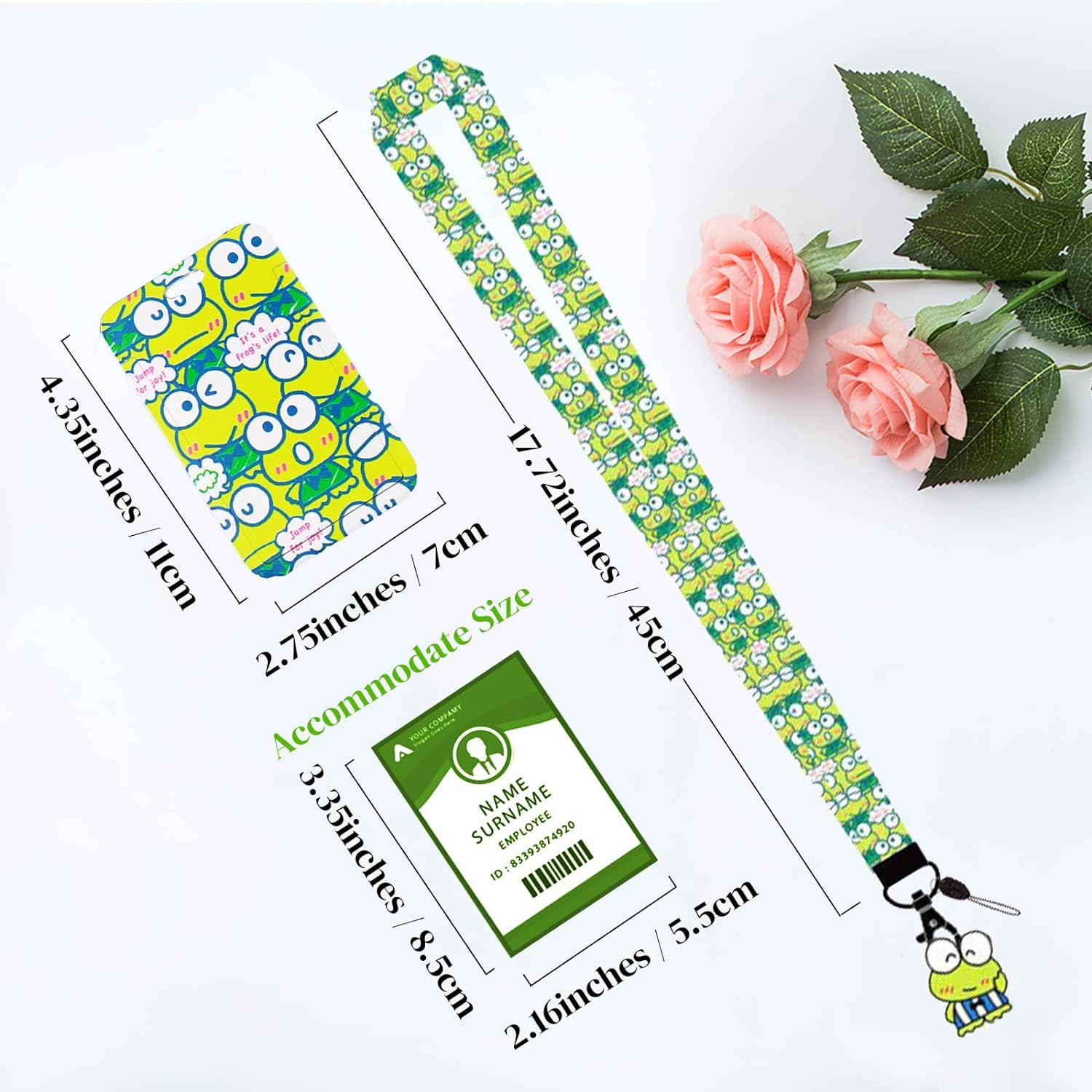 Keroppi ID Badge Holder with Lanyard,Anime Lanyard with Cute ID Card Holder,Yellow Frog Neck Lanyard Keys Badges, Rubber Charm Pendant Key Chain Keychains image number 2