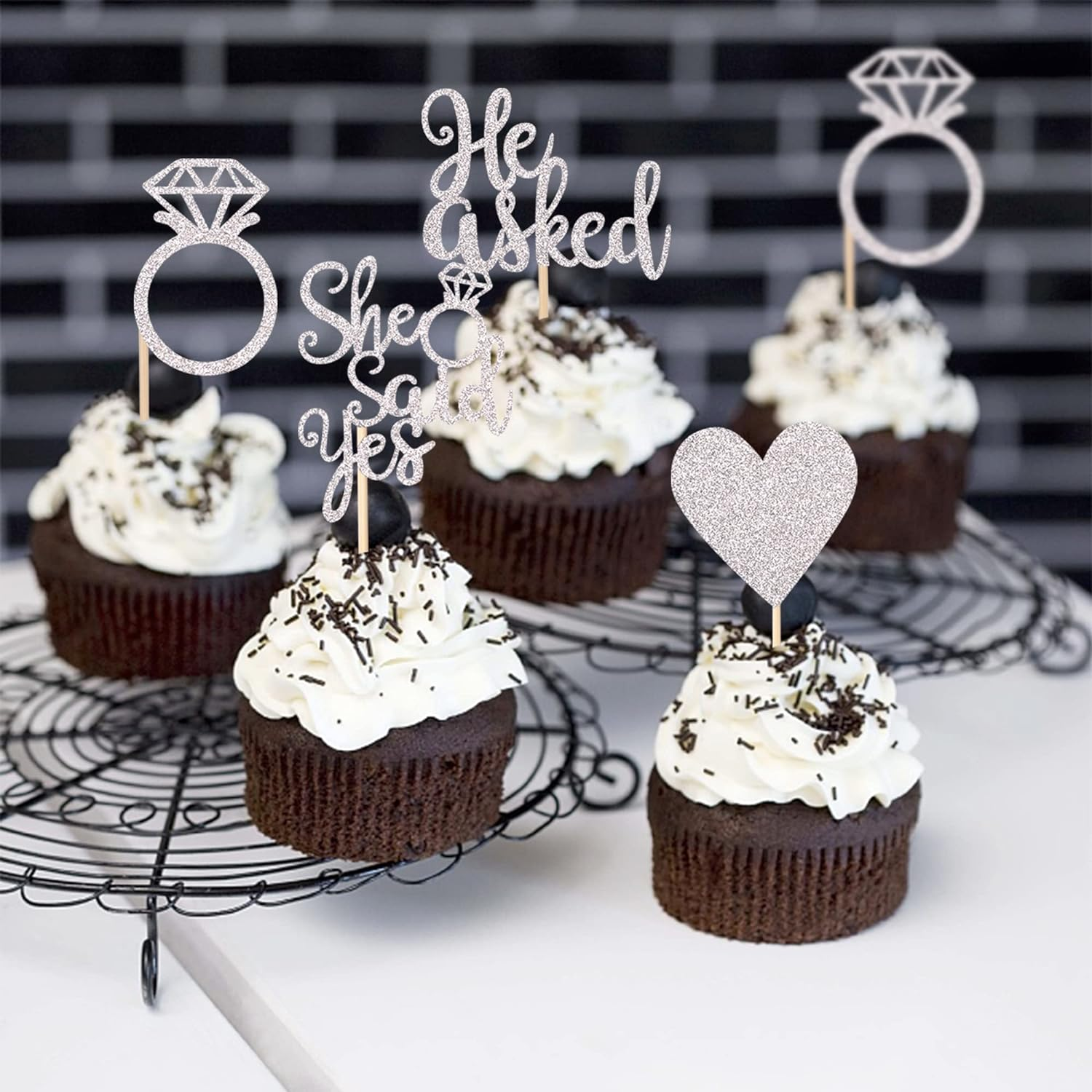 24 Pack He Asked She Said Yes Cupcake Toppers with Glitter Heart Ring Bachelorette Cake Picks Decorations for Wedding Engagement Bridal Shower Party Supplies Silver image number 1