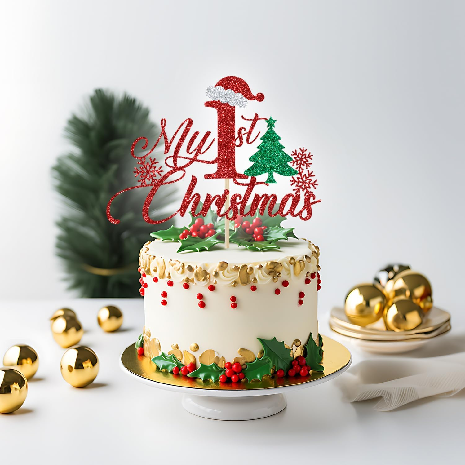 My 1St Christmas Cake Topper, Christmas 1St Birthday, Winter Xmas Baby Shower Decor, Baby'S First Christmas Party Decorations, Red Glitter image number 5