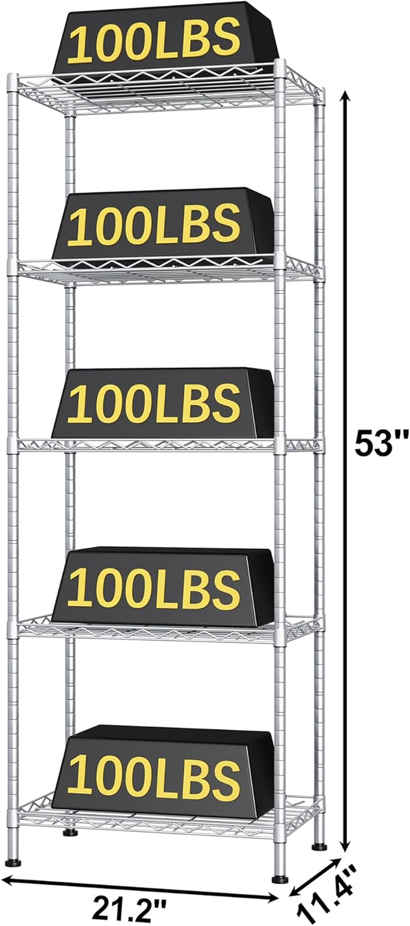 HOMEFORT 5-Shelving Unit,Adjustable Storage Shelves,Metal Wire Shelf with Shelf Liners and Hooks for Kitchen,Closet,Bathroom,Laundry,Sliver,21" W X 11" D X 59" H image number 5