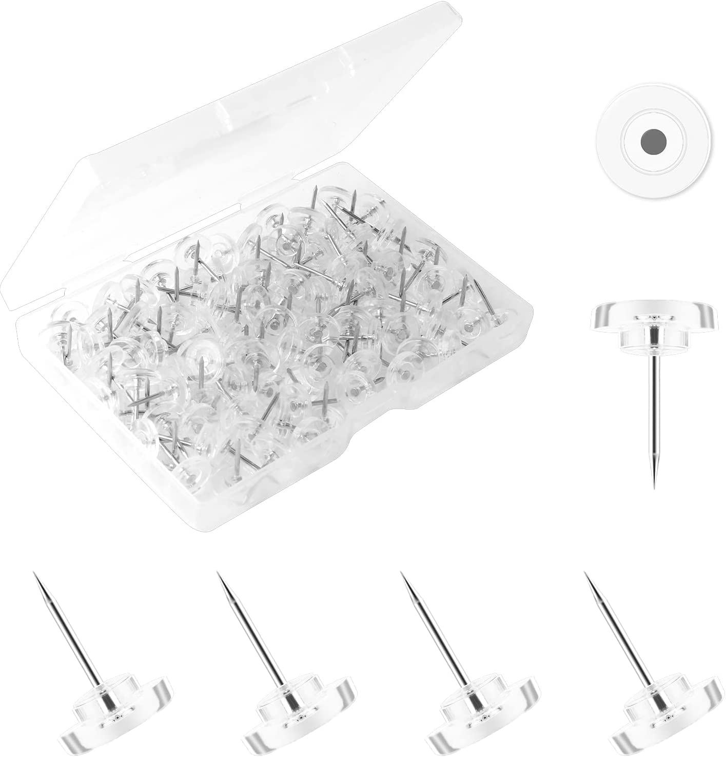 AIEX 100Pcs Clear Push Pins, Plastic Pushpins Thumb Tacks Flat Push Pins with Steel Point for Cork Board Bulletin Board Wall (White)