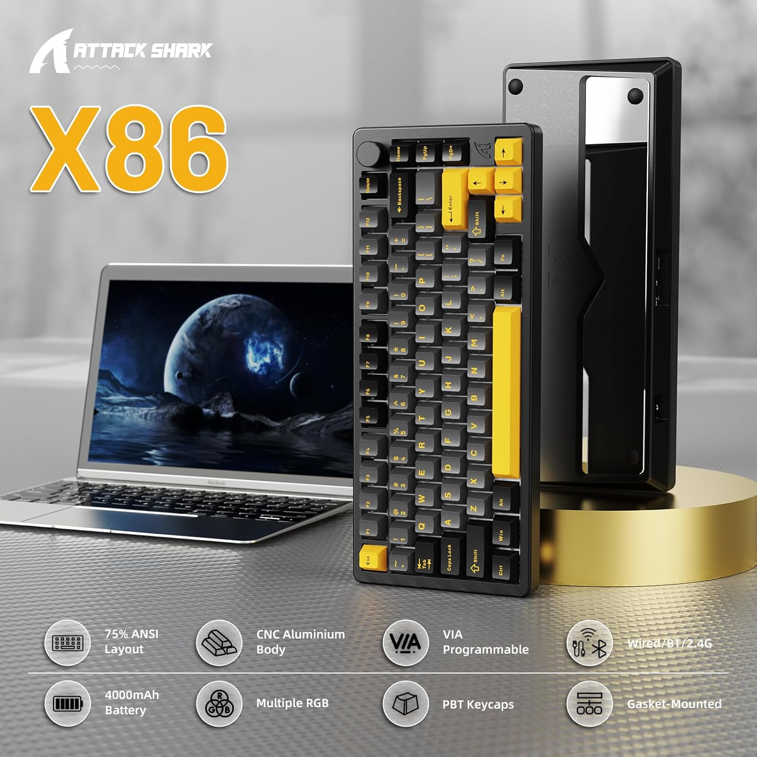 ATTACK SHARK X86 75% Wireless Gasket Mechanical Keyboard with Knob, CNC Aluminum Turd, 3 Mode Connectivity,82 Key Hot Swappable,Custom Linear Switches RGB Gaming Keyboard for Win/Mac/Linux-Star Black - Star White image number 3