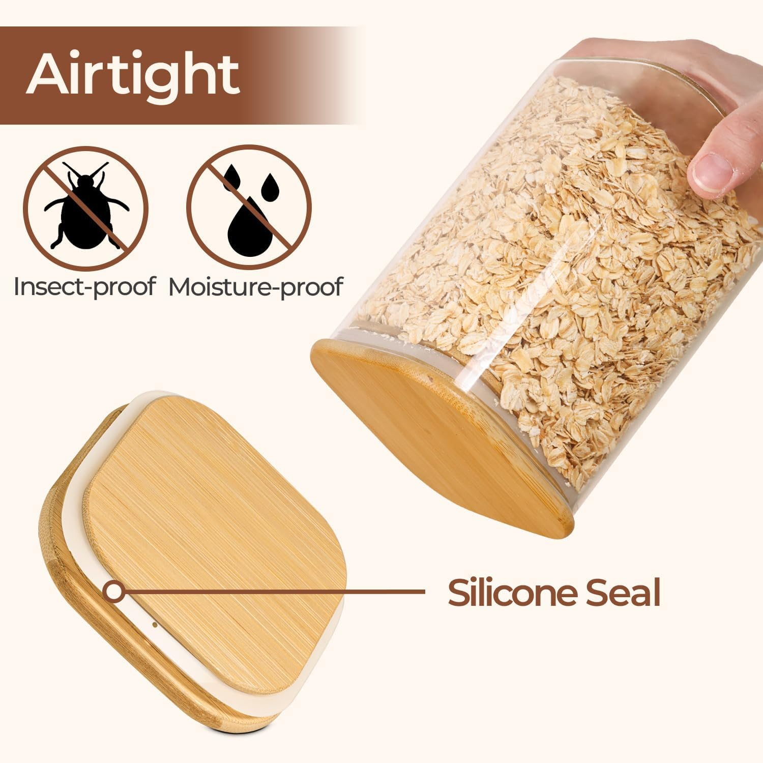 Comsaf Glass Storage Containers with Lids, 1.3L Glass Jars with Bamboo Lids, Clear Food Storage Jar, Square Glass Canister Set of 3, Pantry Organizers Storage for Cereals Pasta Tea Coffee Bean image number 6