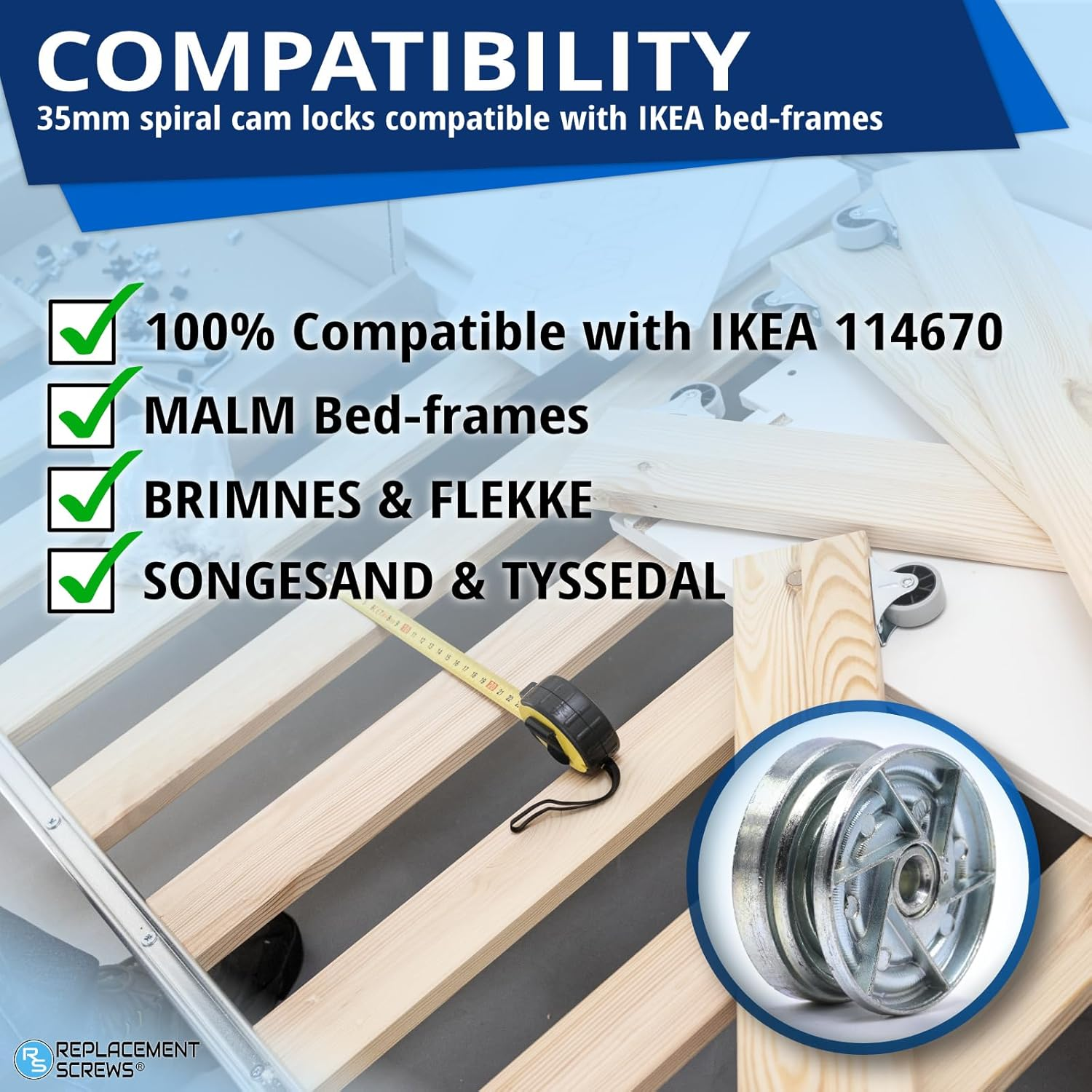 Replacementscrews Bed Frame Cam Wheel Locks Compatible with IKEA Part 114670 (MALM, SONGESAND, BRIMNES) (Pack of 1) image number 4