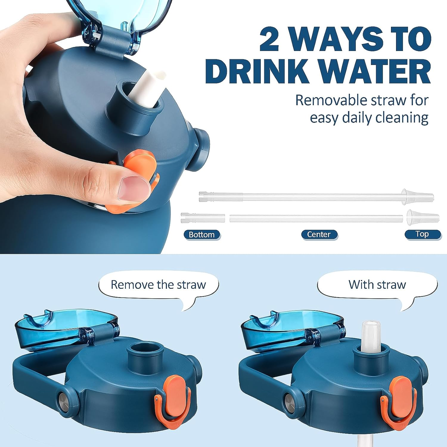 Kytffu 64Oz Glass Water Bottles with Straw, Half Gallon Motivational Glass Bottle with Silicone Sleeve and Time Marker, 2L Leakproof Large Glass Water Jug for Gym Home Office,Blue