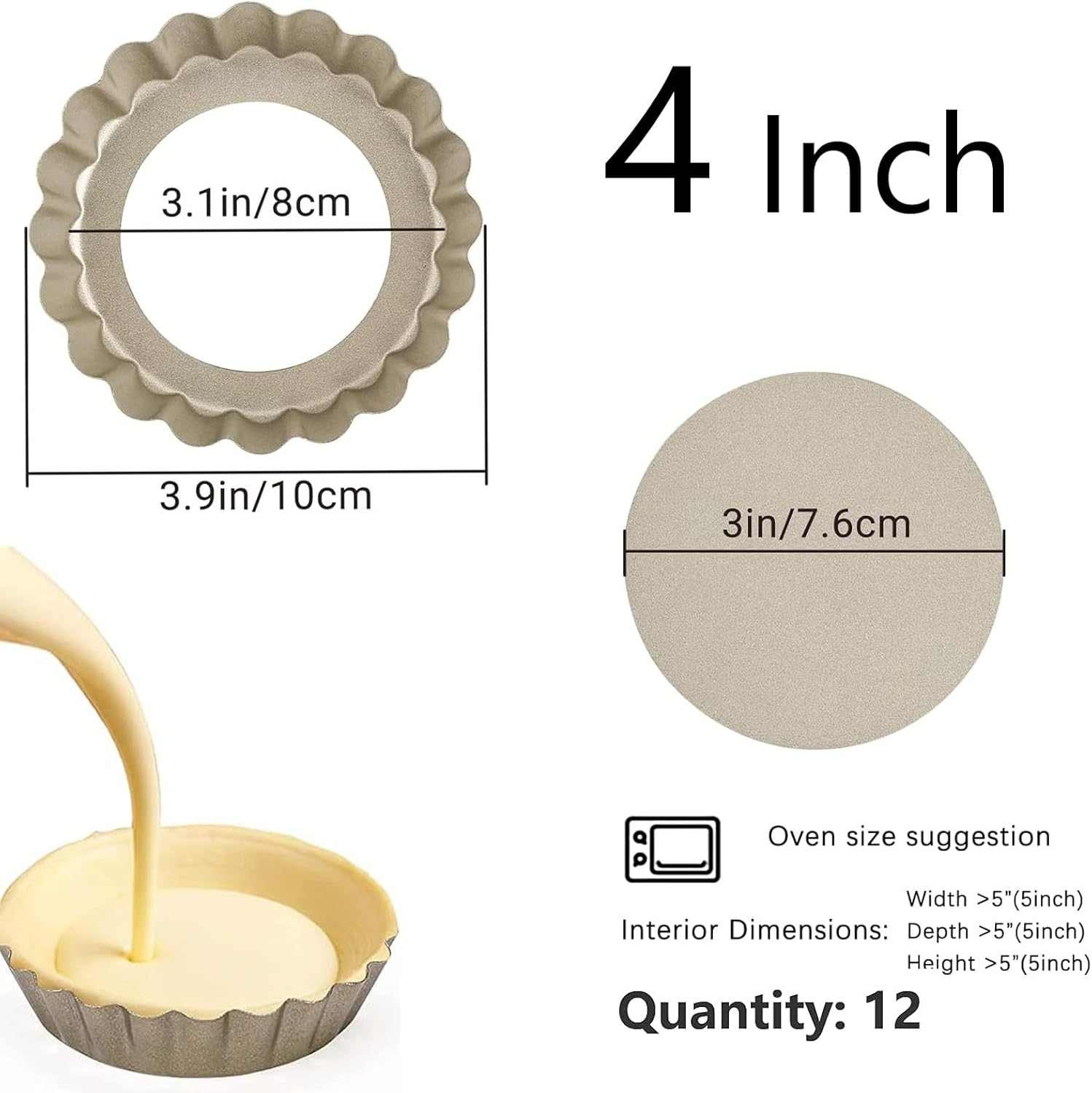 Mini Tart Pan 12PCS, 4 Inch Tart Pan Removable Bottom Non-Stick Tin, 0.9 Inches High Suitable for DIY Making Small Tarts at Home. Champagne Gold Appearance. image number 2