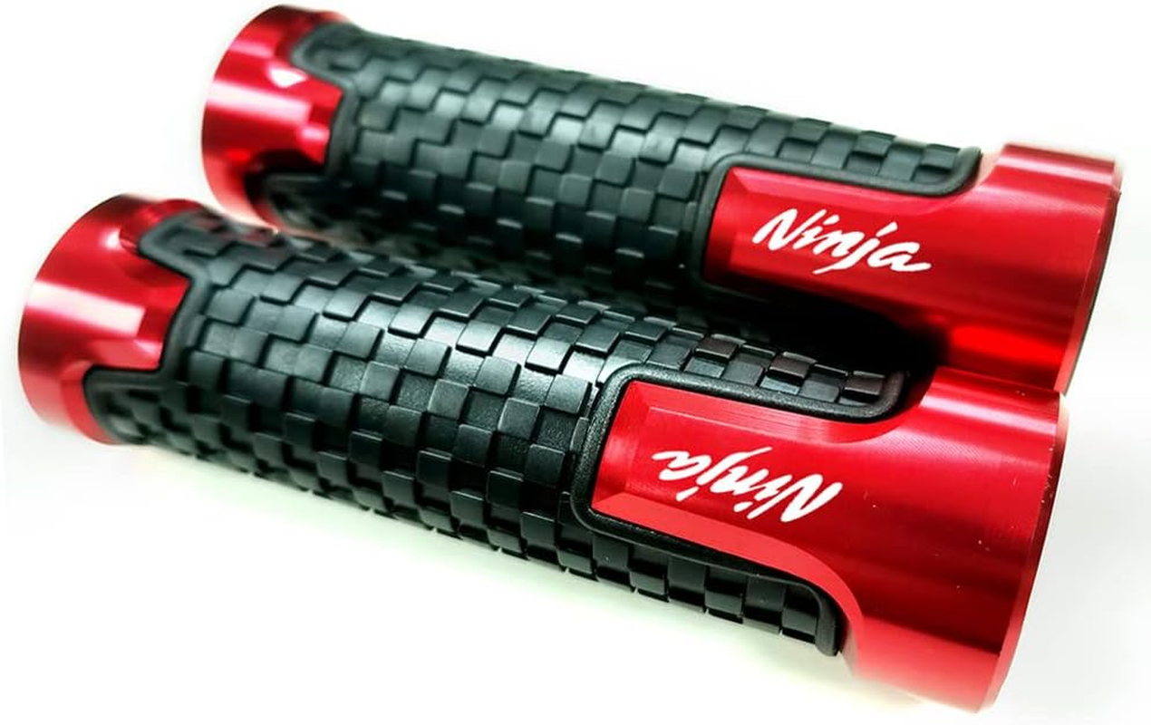 Red Carbon Look Aluminum Motorcycle 22Mm 7/8 Inches Engraved Handle Bar Rubber Gel Hand Grips CNC Bar End 7/8" Compatible with Kawasaki Ninja 300 400 250 1000 ZX6R ZX10R ZX14R image number 2