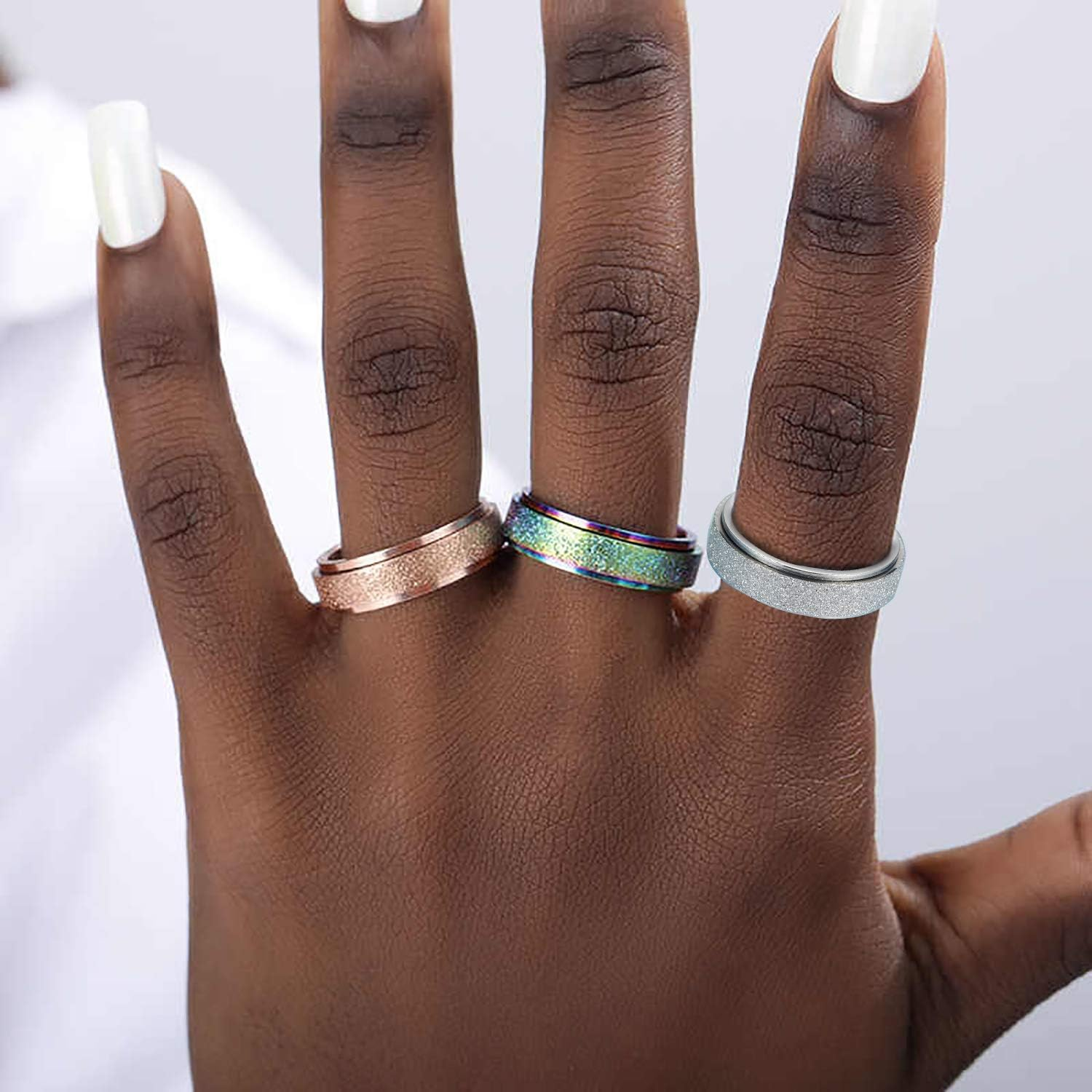 Spinner Ring for Women Anxiety Relief - 3Pcs 6MM Stainless Steel Sand Blast Glitter Finish Rose Gold Silver Rainbow Color Fidget Ring Band Set (11)