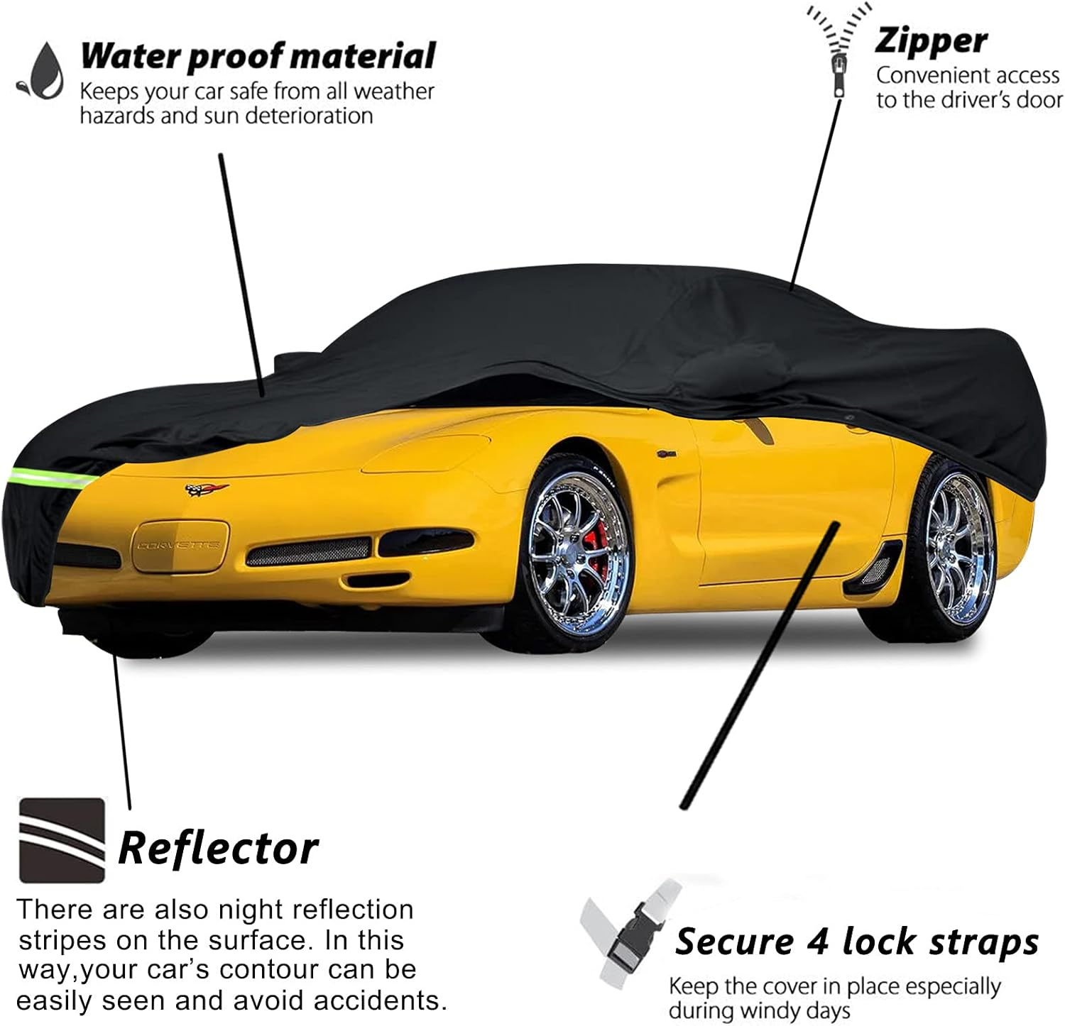 Yixin Waterproof Car Covers for 1997-2004 C5 Corvette, Car Cover 190T Covers Customer Fit 100% Waterproof Windproof Strap & Double Door Zipper up to 180&rdquo; L (C5:(1996-2004))