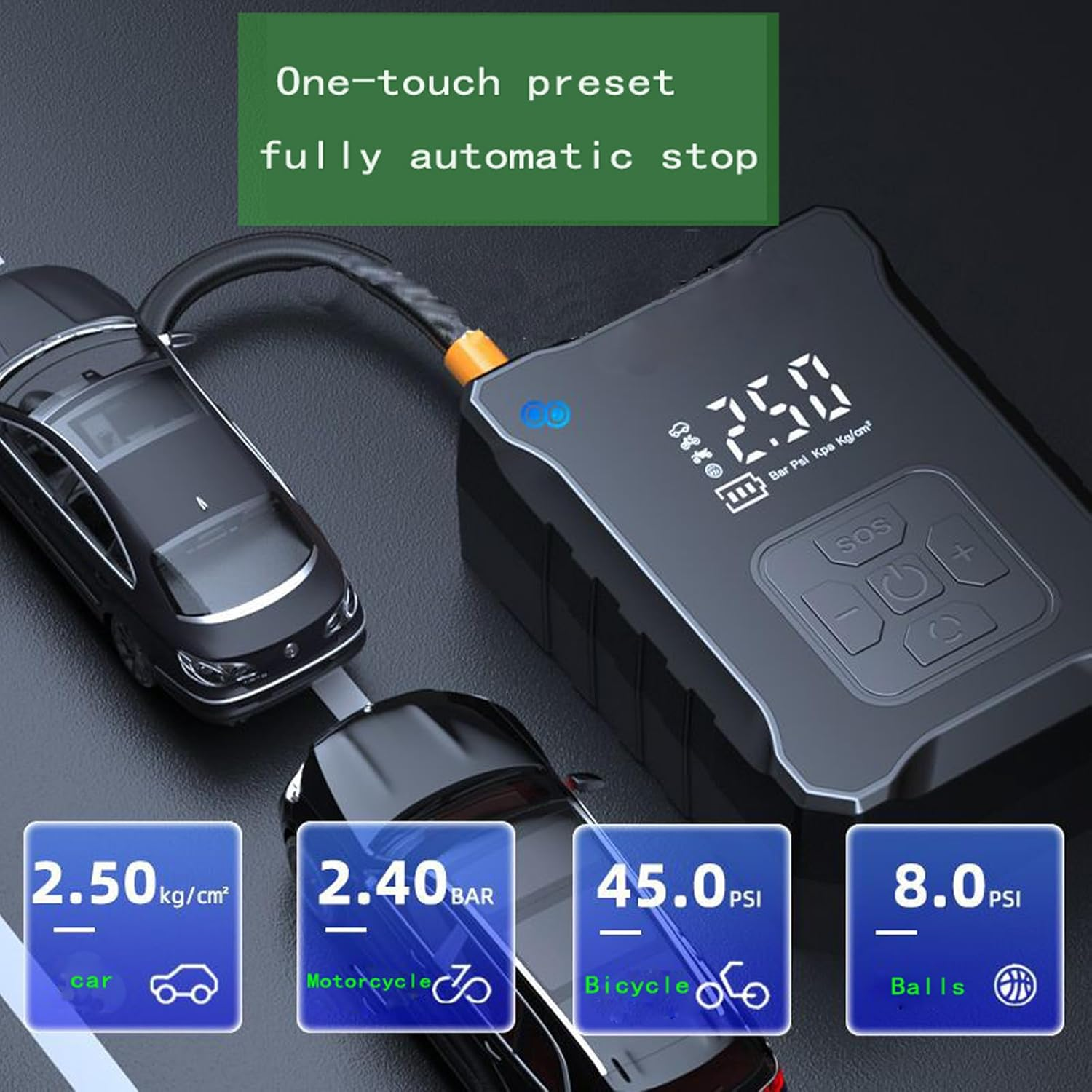 Portable Cordless Tyre Inflator,Air Compressor 150 PSI with Digital Pressure Gauge, Rechargeable Battery, and LED Light for Cars, Bikes, and Balls