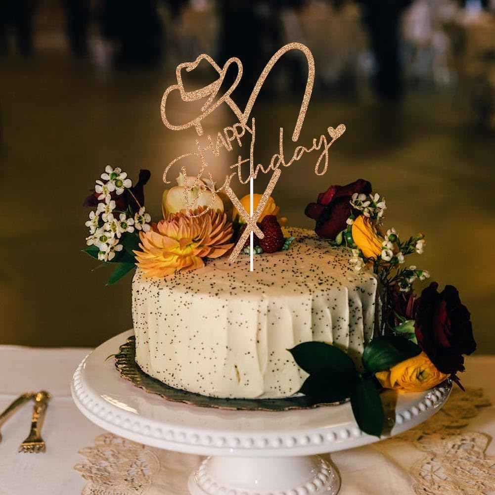 Cowgirl Happy Birthday Cake Topper, Mexican Western Birthday Cake Decor, Fiesta Theme Girls Birthday Party Decorations Rose Gold Glitter