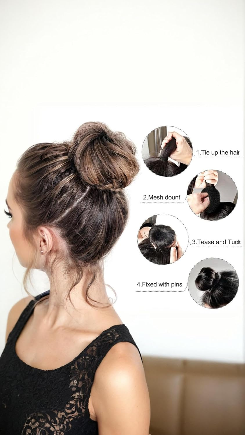 Honwor Donut Bun Maker Set - 7 Pieces Incl.5 Elastic Bands & 20 Hair Pins - Stylish & Easy-To-Use for Creating Elegant Hair Ring Buns - Black image number 1