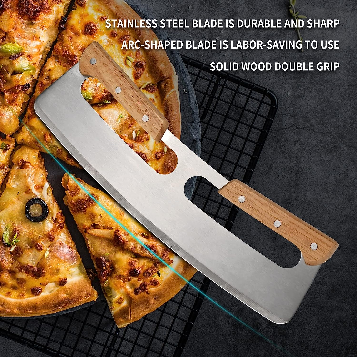 14&rdquo; Pizza Cutter Rocker Stainless Steel Arc-Shaped Blade with Protective Cover-Solid Wood Double Grip-Kitchen Pizza Tool image number 1