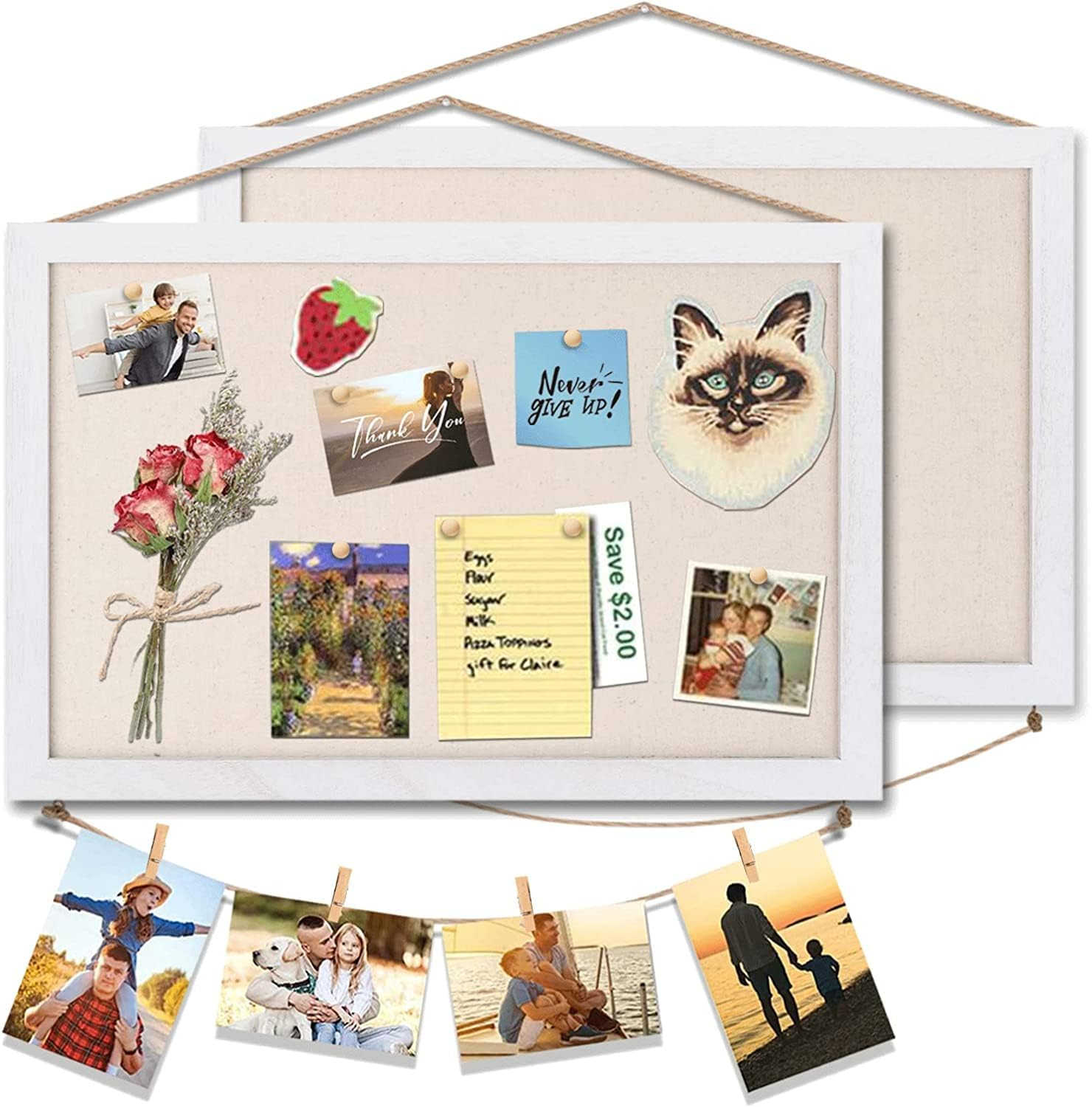 Cork Board Bulletin Board, 16 "X11 White Linen Cork Boards for Walls with White Frame, Pin Board Vision Board for Home Kitchen School Office Decor- 2-Pack (White+Wooden Clip) image number 4