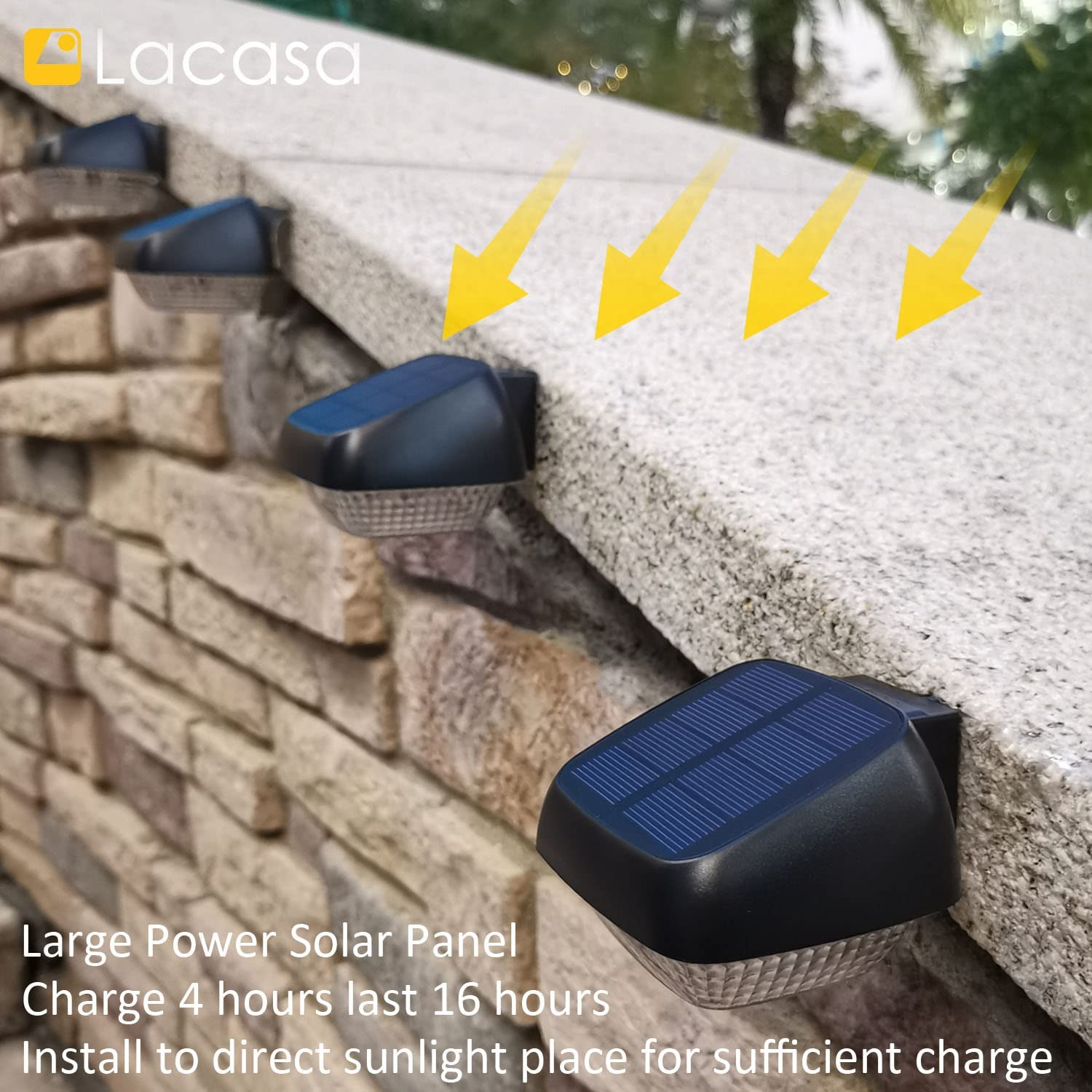 Lacasa Solar Outdoor Lights, 4 Pack Solar Fence Lights Solar Powered Step Lights Warm White 2700K, LED Solar Deck Lights Auto On/Off Waterproof IP65 Solar Wall Lights for Garden Patio Yard Stairs image number 1