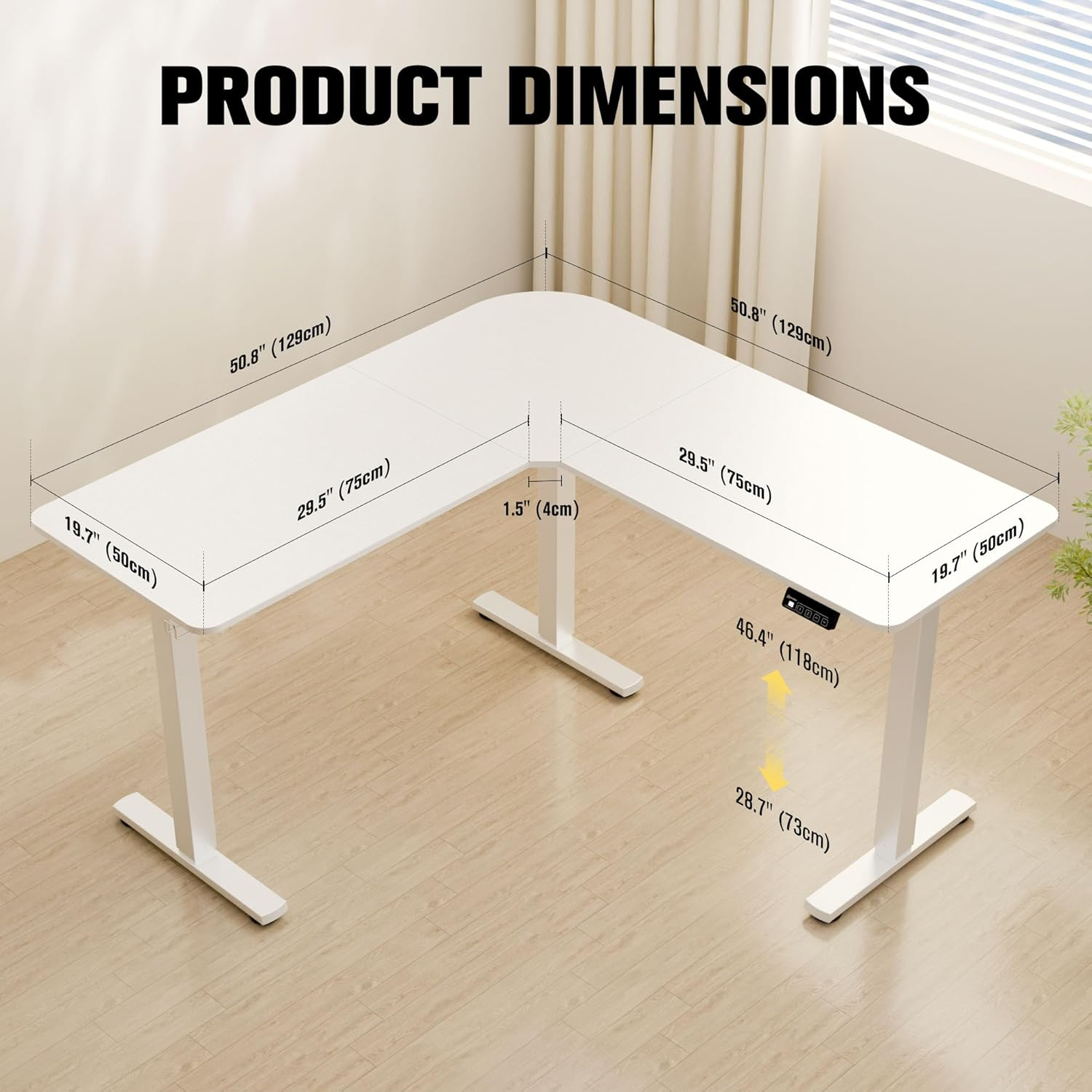ERGOMAKER Corner Electric Standing Desk, 129 * 50Cm Height Adjustable L Shaped Desk, Stand up Desk with Splice Board, Sit Stand Desk with Memory Smart Handset(White Frame + White Desktop) image number 5
