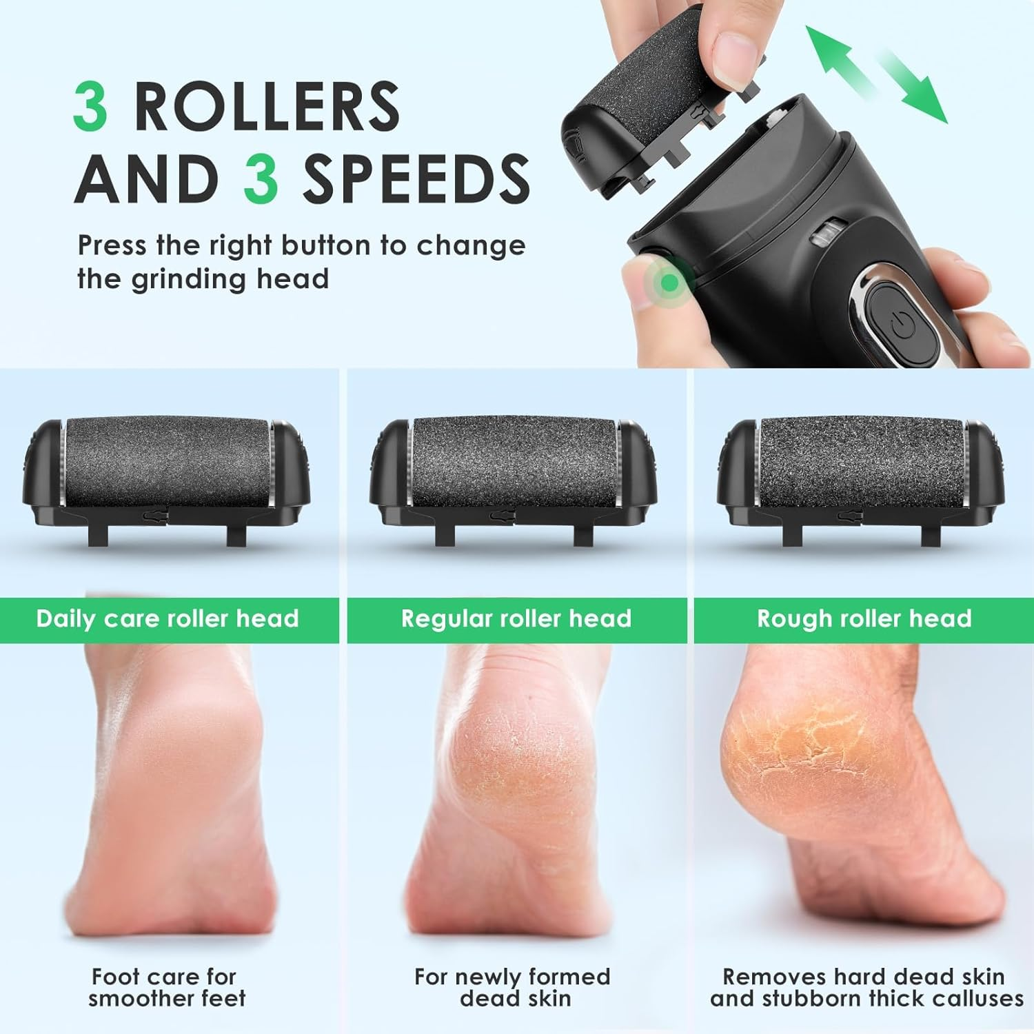 Electric Callus Remover, IPX7 Waterproof Electric Callus Remover, Callus Remover with 3 Replacement Rollers, Electric Foot File for Cracked Heels, Dead Callus Removal image number 4