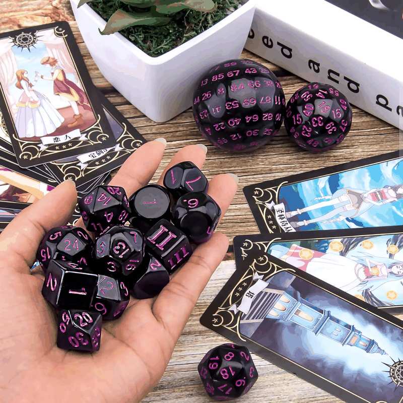 AUSTOR 15 Pieces Complete Polyhedral Dice Set D3-D100 Game Dice Set with a Leather Drawstring Storage Bag for Role Playing Table Games(Black & Purple) image number 3