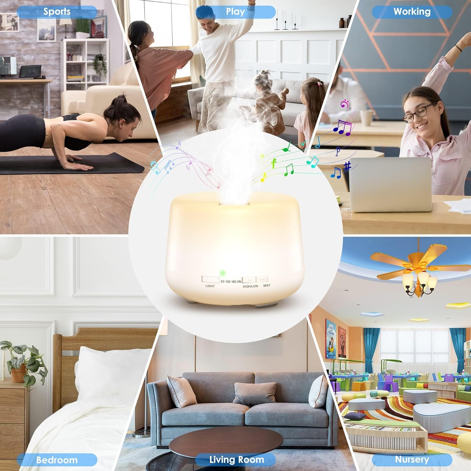 Humidifier Oil Fragrance Diffuser Bluetooth Speaker 5.0, 500ML Aromatherapy Diffusers for Aroma Essential Oils Large Room Bedroom Office Home 14 Colors Night Light with Remote, 4 Timers image number 6