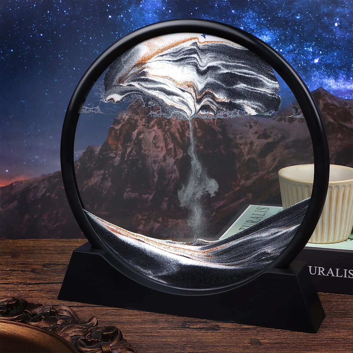 Flowing Sand 3D Natural Landscape Dynamic Art, round Glass Deep Sea Sandscape for Home Ornament, Desktop Art, Bookshelves Decoration (Black, 7 Inches) - 7,Black image number 4