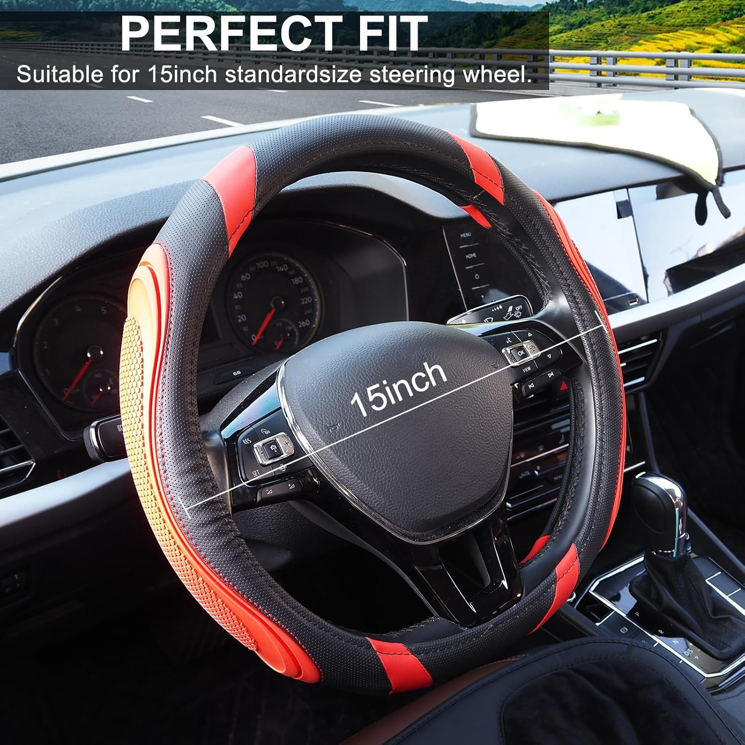 Nappa Leather Car Steering Wheel Cover, anti Slip, Thin, Breathable, Odor-Free, Universal 14.5-15 Inches Fit, Car Steering Wheel Cover Full Surround Aeecssories (Red-Microfiber Leather) image number 5