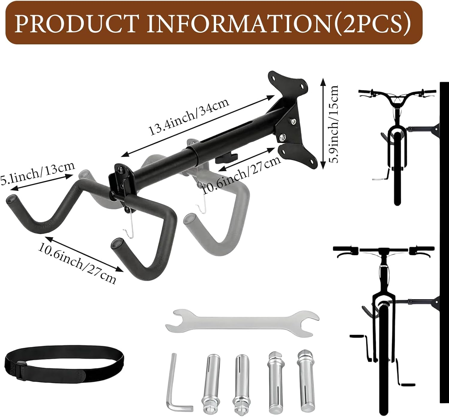 Bike Hanger Wall Mount, Bicycle Indoor Storage Rack, Hanger Indoor Bike Holder Retractable Frame, Cycling Holder Hook, Frame with Straps and Simple Wrench, for Mountain Hybrid Road Bikes image number 1