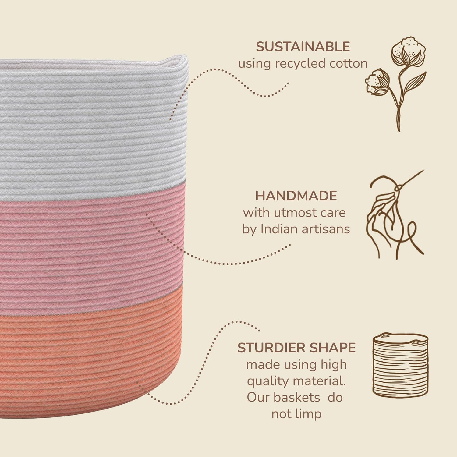 Recycled Cotton Rope Storage Cube Basket, Plant Basket Multi-Purpose Woven Cube Organizer/Shelves, Closet Storage Bins, Nursery Kids Room Organizer 11 Inch Set of 3 - White & Pink image number 3