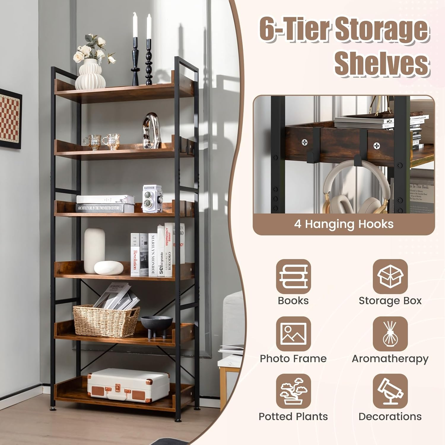 Giantex 6-Tier Bookshelf, Storage Rack W/ 4 Hooks, Open Display Shelves, Metal Frame Display Wooden Shelves, Vintage Standing Display Rack for Living Room, Bedroom, Balcony, Kitchen image number 6
