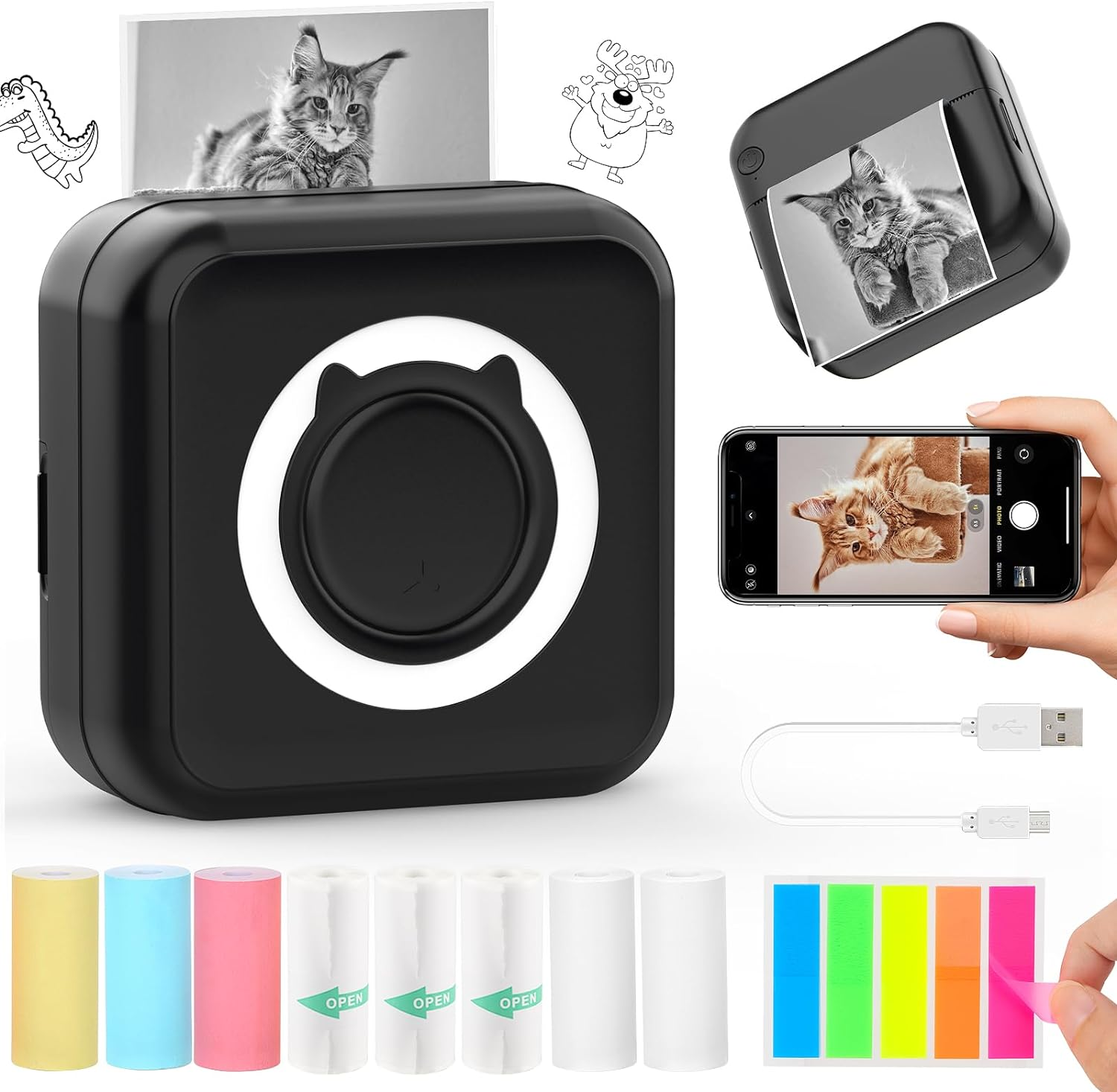 QYCHHJ Inkless Mini Printer for Iphone/Android/Tablet, Bluetooth Mini Thermal Printer with 8 Rolls Thermal Paper, Portable Sticker Printer for Study Notes Journal Memo Photo Picture, Black image number 4