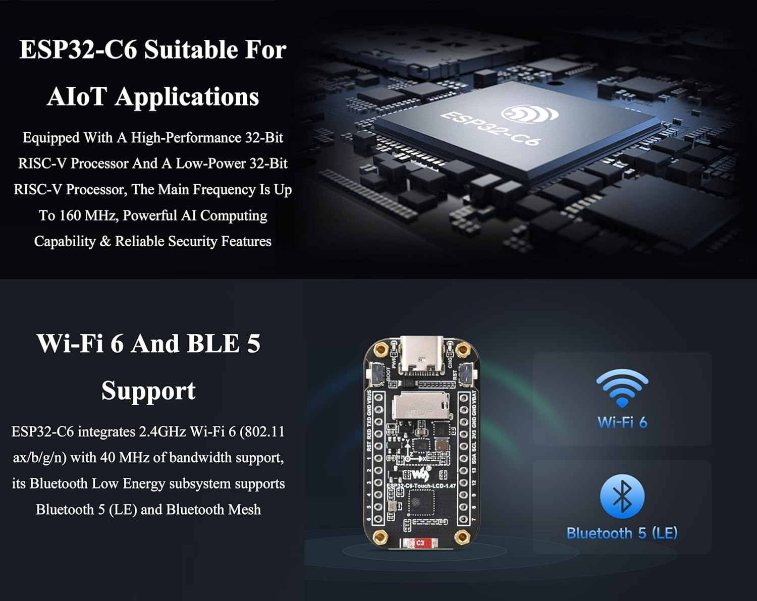 ESP32-C6 1.47Inch Touch Display Development Board, 172X320 Resolution IPS LCD, 262K Display Color, Supports W-F-I 6 / BLE 5, 160Mhz RISC-V Processor, Type-C, Suitable for Aiot Applications image number 6