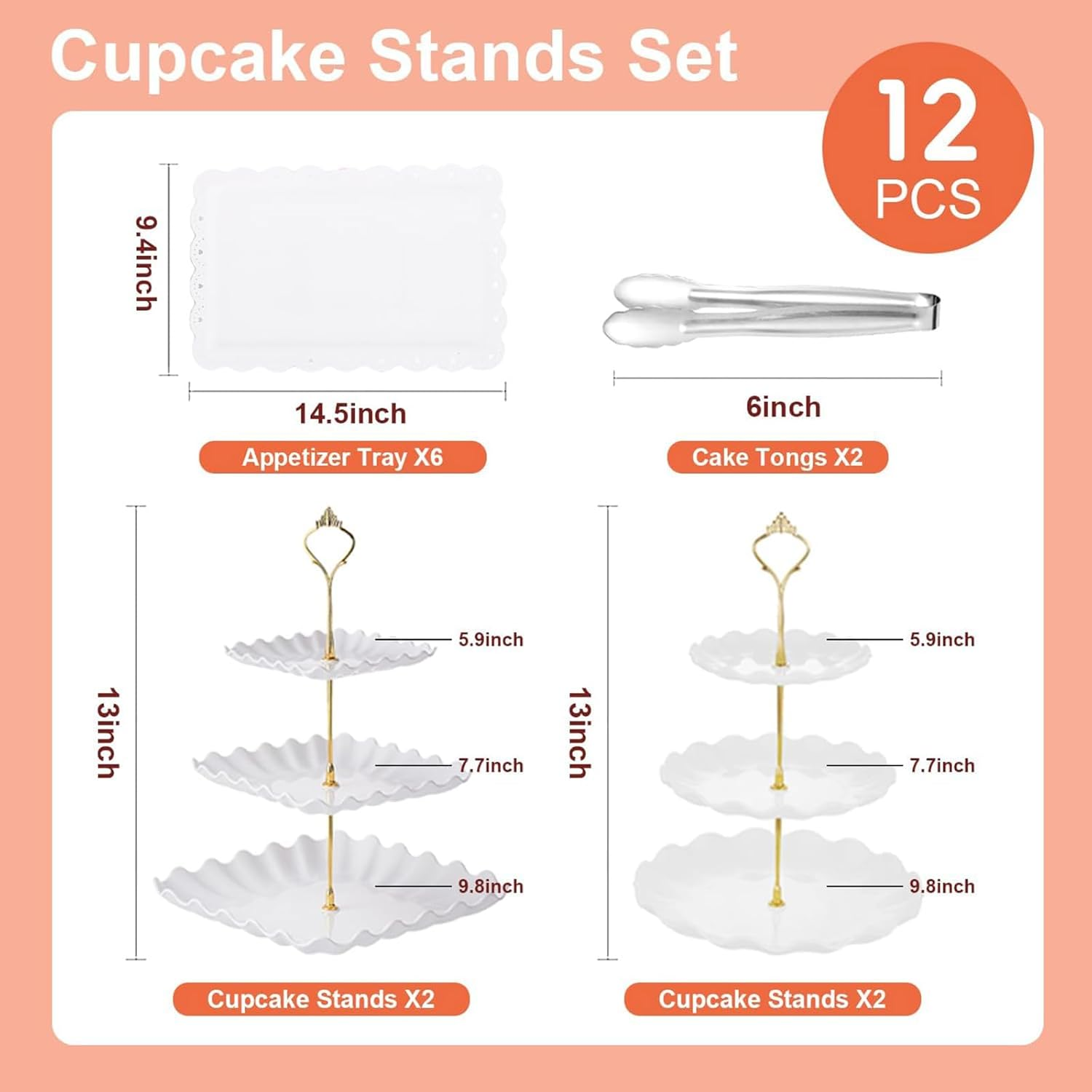 12 Pcs Dessert Table Display Set, Dessert Cupcake Stand,4 Pcs 3 Tier Cupcake Stand Tower Holder and 6 Pcs Serving Tray and 2 Tongs for Tea Party Birthday Baby Bridal Shower Party