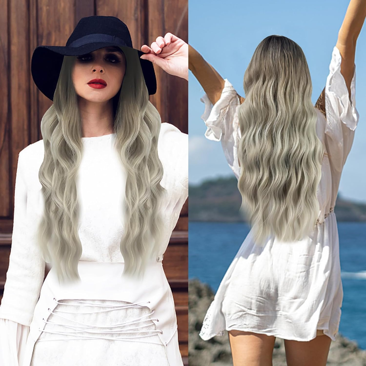 Ombre Brown to Blonde 4/1 U-Part Lace Front Wig for Women Synthetic Hair Long Wavy Wigs for Daily Party Cosplay-24 Inches image number 5