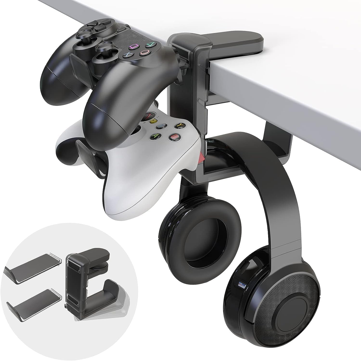 3 in 1 Headphone Stand with Adjustable Clip and 2 Controller Holders and Rotating Arm, Headphone Stand PC Game Controller Holder, Gaming Universal PC Gaming Accessories (Black) image number 5