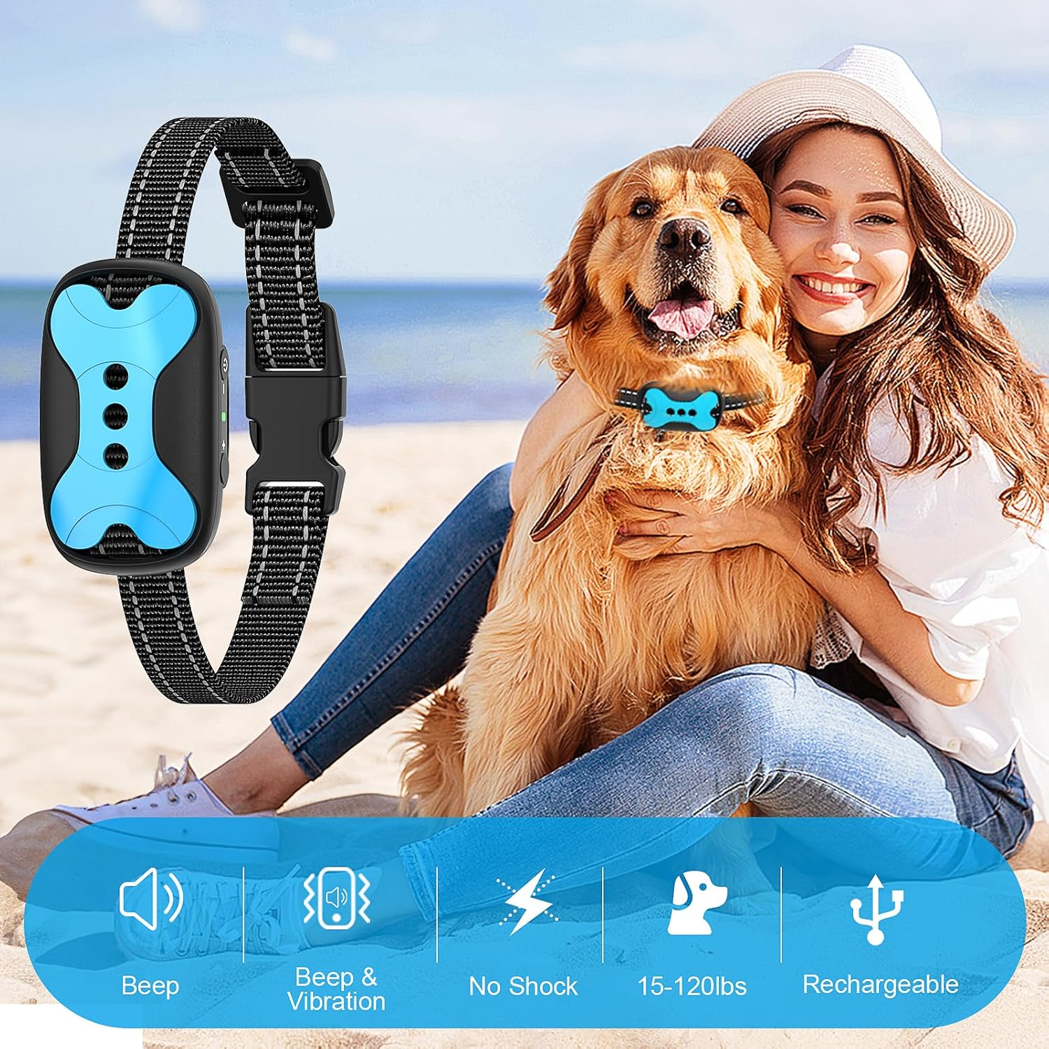 Dog Bark Collar - Rechargeable Smart anti Barking Collar for Dogs - Waterproof No Shock Bark Collar for Small/Medium/Large Dogs - anti Bark Collar for Dogs with 5 Sensitivity Levels (Blue)