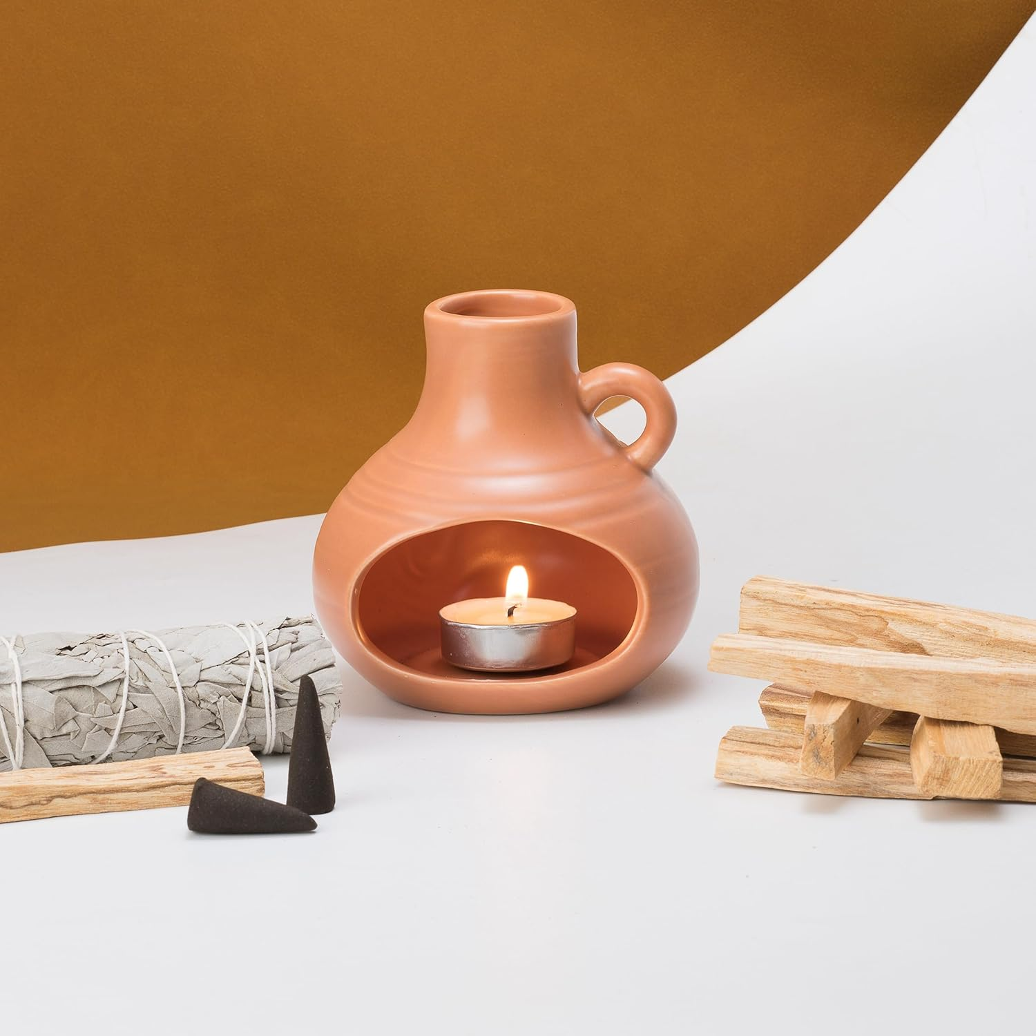 3 in 1 Holder Burner, Modern Chiminea Incense Burner for Palo Santo Sticks Cones Sage Bundles, Ceramic Smudge Bowl, Meditation Yoga Home Decor (Terracotta) image number 4