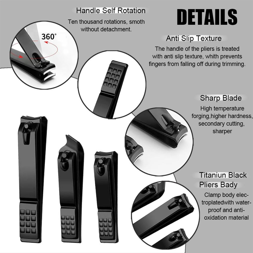 3PCS Nail Clipper Set,Stainless Steel Nail Trimmer with Metal Case for Trimming Toenails,Fingernails and Ingrown Nails,Home and Travel Use(Color:Black) image number 6