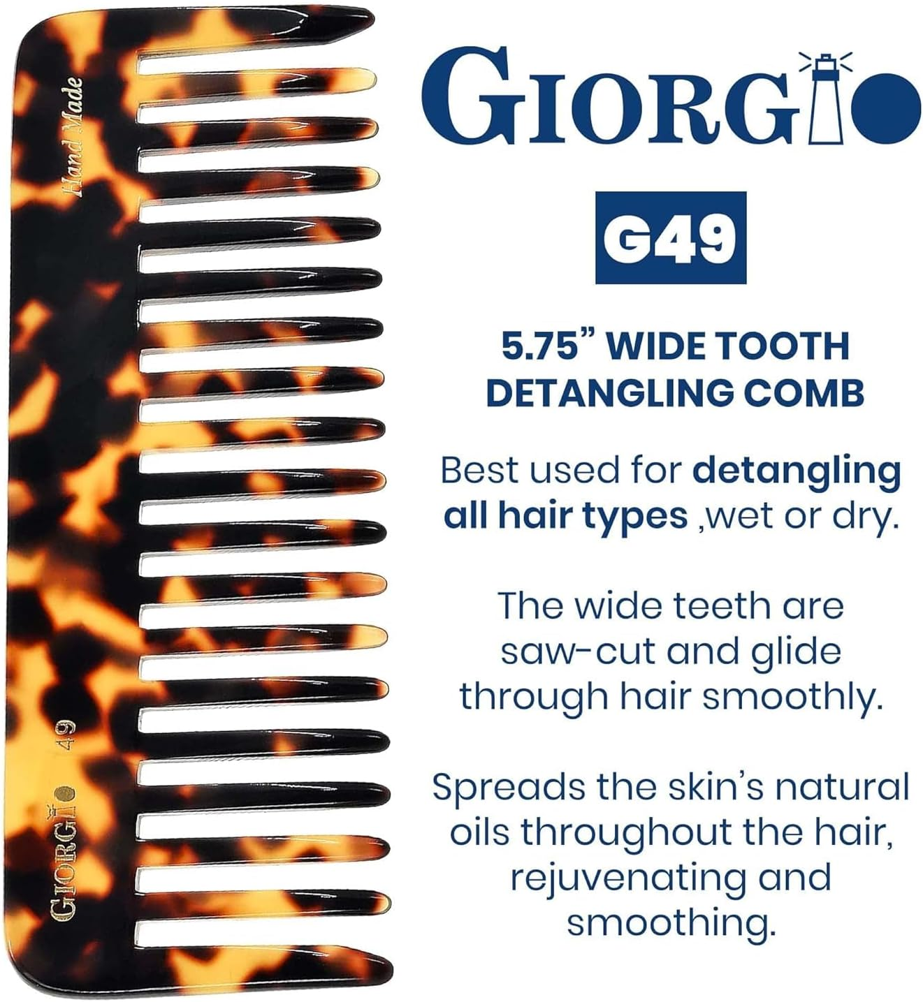 Giorgio G49 Yellow Tokio Large Wide Tooth Detangler Comb for Thick/Curly/Wavy Hair,Detangler Comb for Wet/Dry Use. Handmade of Quality Cellulose, Saw-Cut, Hand Polished image number 1