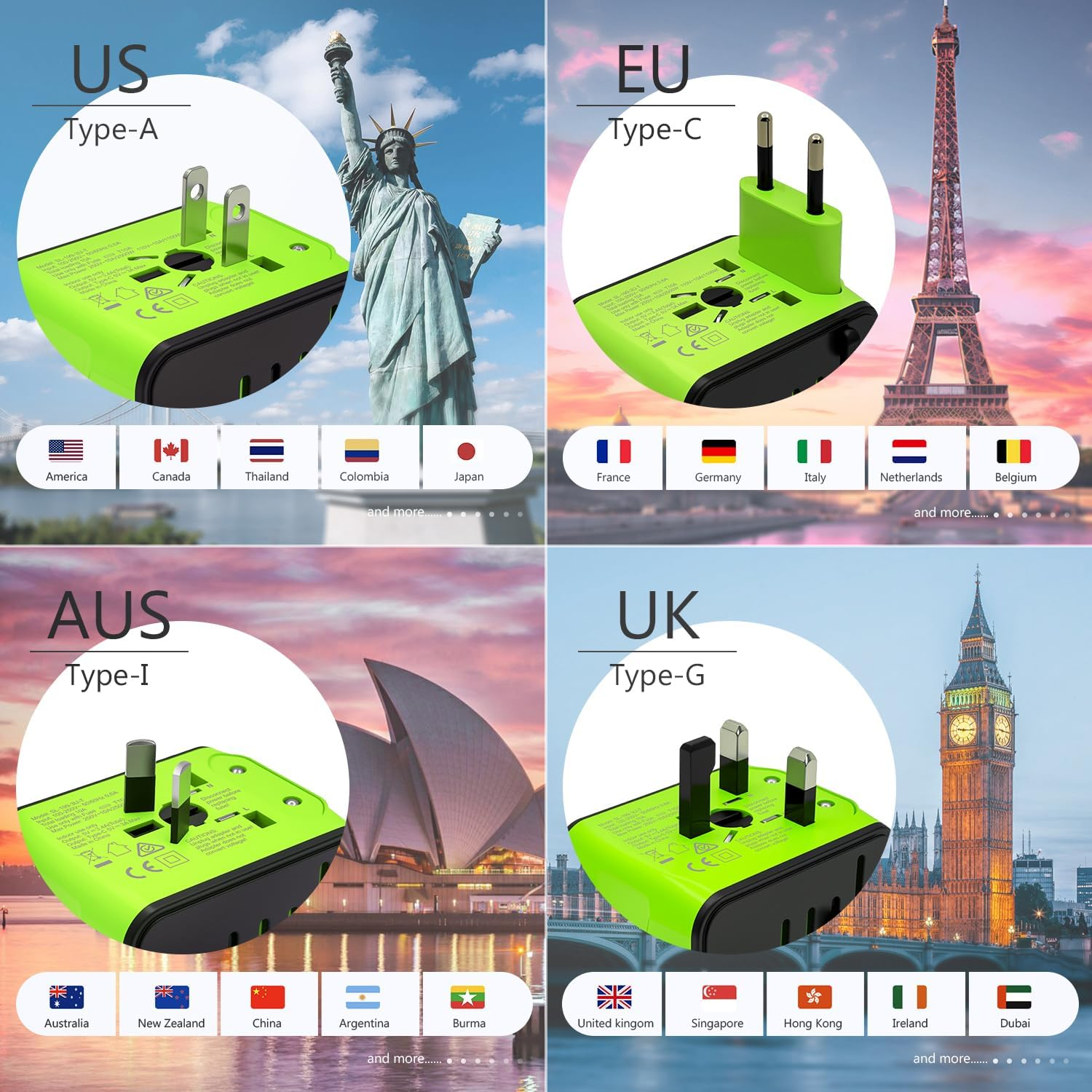 Travel Adapter, Universal International Power Adapter with 3USB Port and Type-C International Wall Charger Worldwide AC Power Plug for Multi-Nation Travel UK, EU, AU over 200 Countries (Green) image number 2