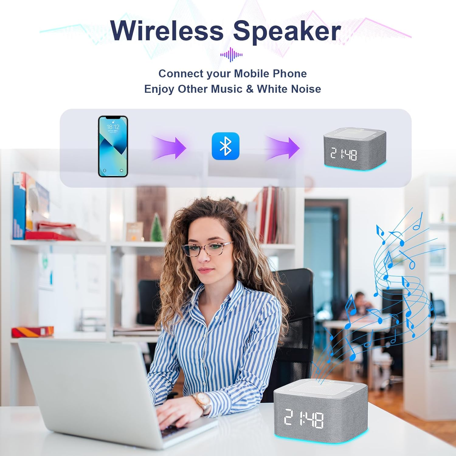 Sound Machine Alarm Clock for Baby Adult, 32 Soothing Sounds White Noise Machine APP Control, Night Lights Bluetooth Speaker, Noise Machine with Dimmable Clock for Kids Teens image number 4