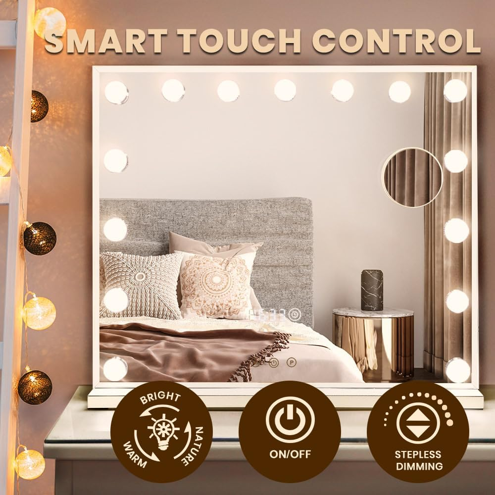 Simplus Vanity Makeup Mirror with Lights Hollywood LED Mirrors Stand, Smart Touch Control Screen and Time Display, 15 Dimmable LED Lights Stable Base White, 60X52Cm image number 1