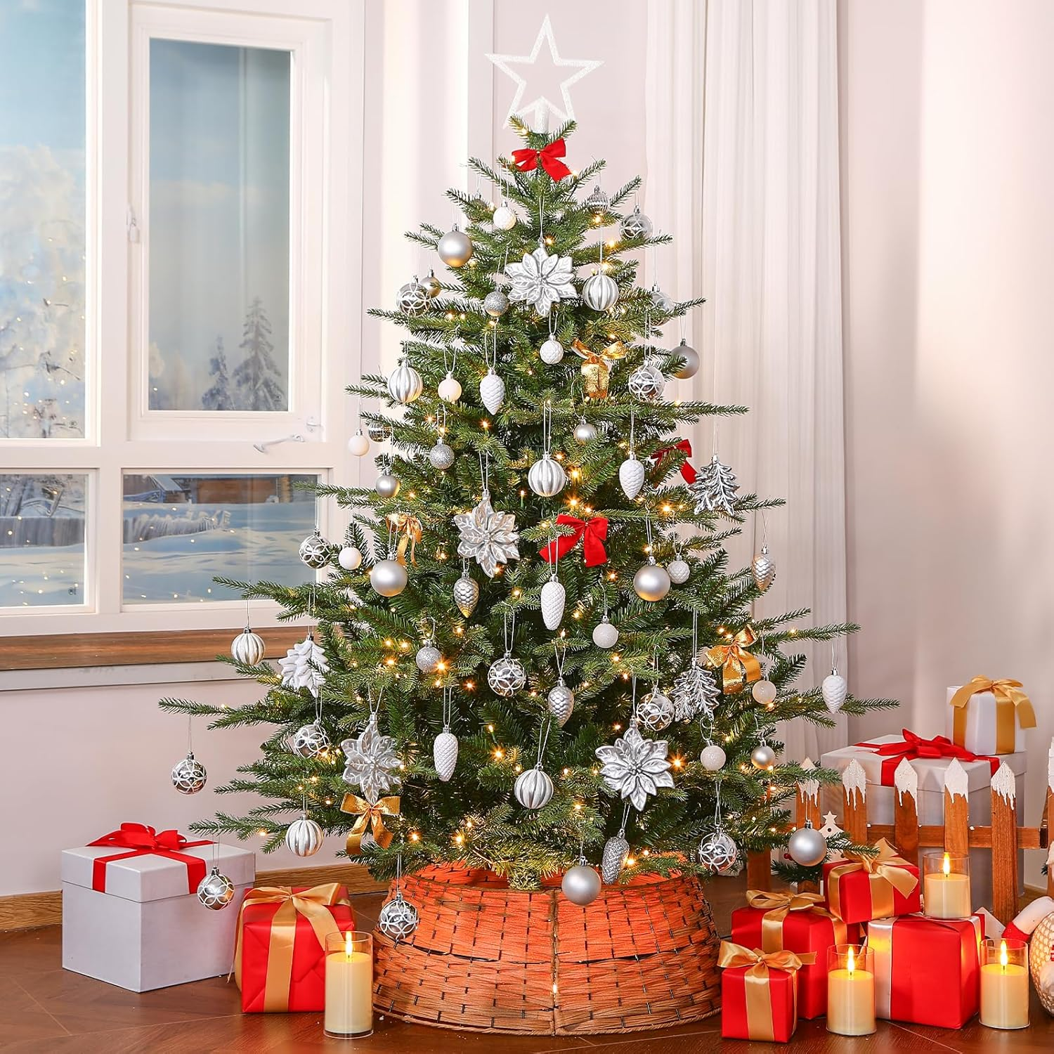 Shareconn 106PCS Christmas Balls Ornaments Set, Colorful Shatterproof Plastic Decorative Baubles for Xmas Tree Decor, Holiday, New Year, Wedding Party Decoration with Hooks Included, White &Silver image number 5