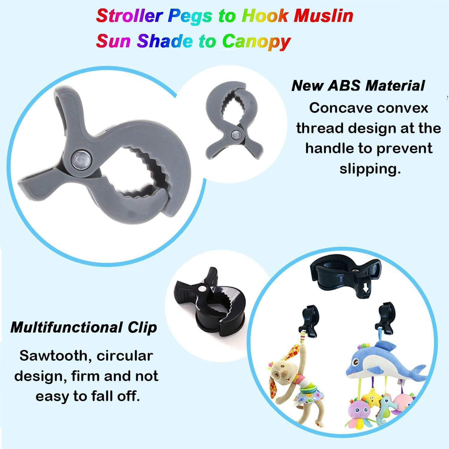 WADY Stroller Pegs to Hook Muslin Sun Shade to Canopy, 6 PCS Car Seat Cover Clips, Nursing Cover, Pram Toy Holder, Plastic Universal Clip, Blanket Clamp, Stroller Clips Buggy Accessory (Black)