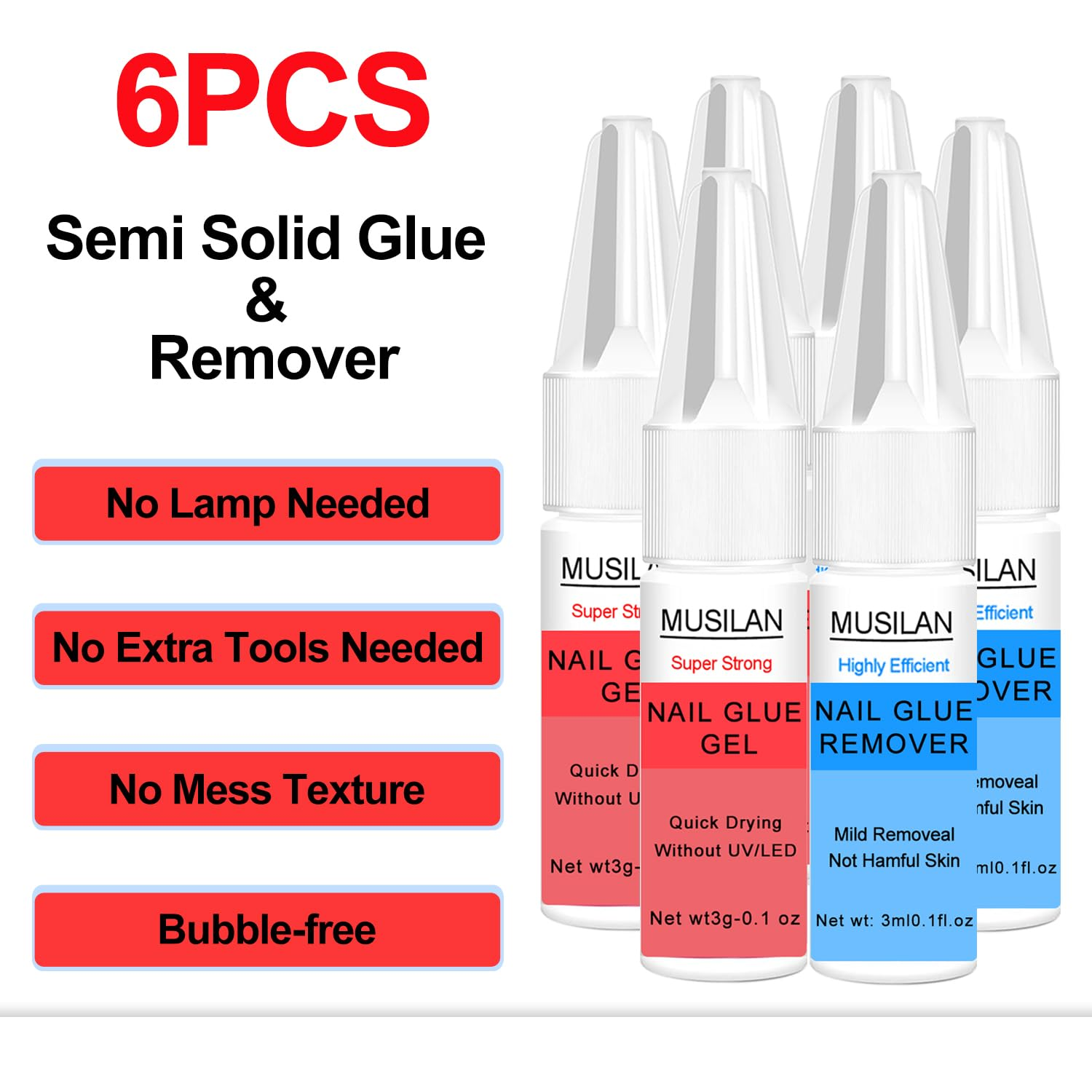 Nail Glue,2-1 Semi Solid Nail Glue No Need for UV Lamp with Quickly Nail Glue Remover Kit,Super Strong Nail Glue for Acrylic Nails Professional Nail Tip Glue for Press on Nails Glue Gel Kit image number 5