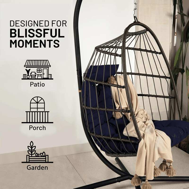 Serenelife Hanging Egg Chair with Stand - up to 250 Kg of Capacity - Beautiful Swinging Basket Chair with Base Made from Wicker Rattan and Powder-Coated Steel Frame - Egg Swing Chair with Stand - Red image number 6