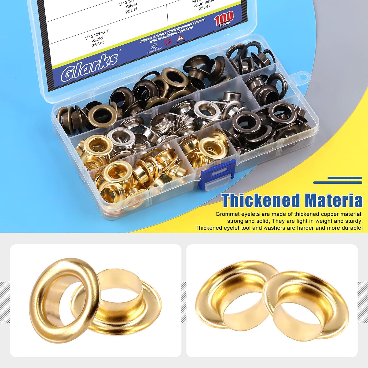Glarks 102Pcs 12MM Thickened Grommets Eyelets with Tool Sets, 40Pcs 4 Colors Grommets Eyelets with Washers and 4Pcs Installation Tools for Fabric, Canvas, Curtain, Clothing, Leather Repair image number 3