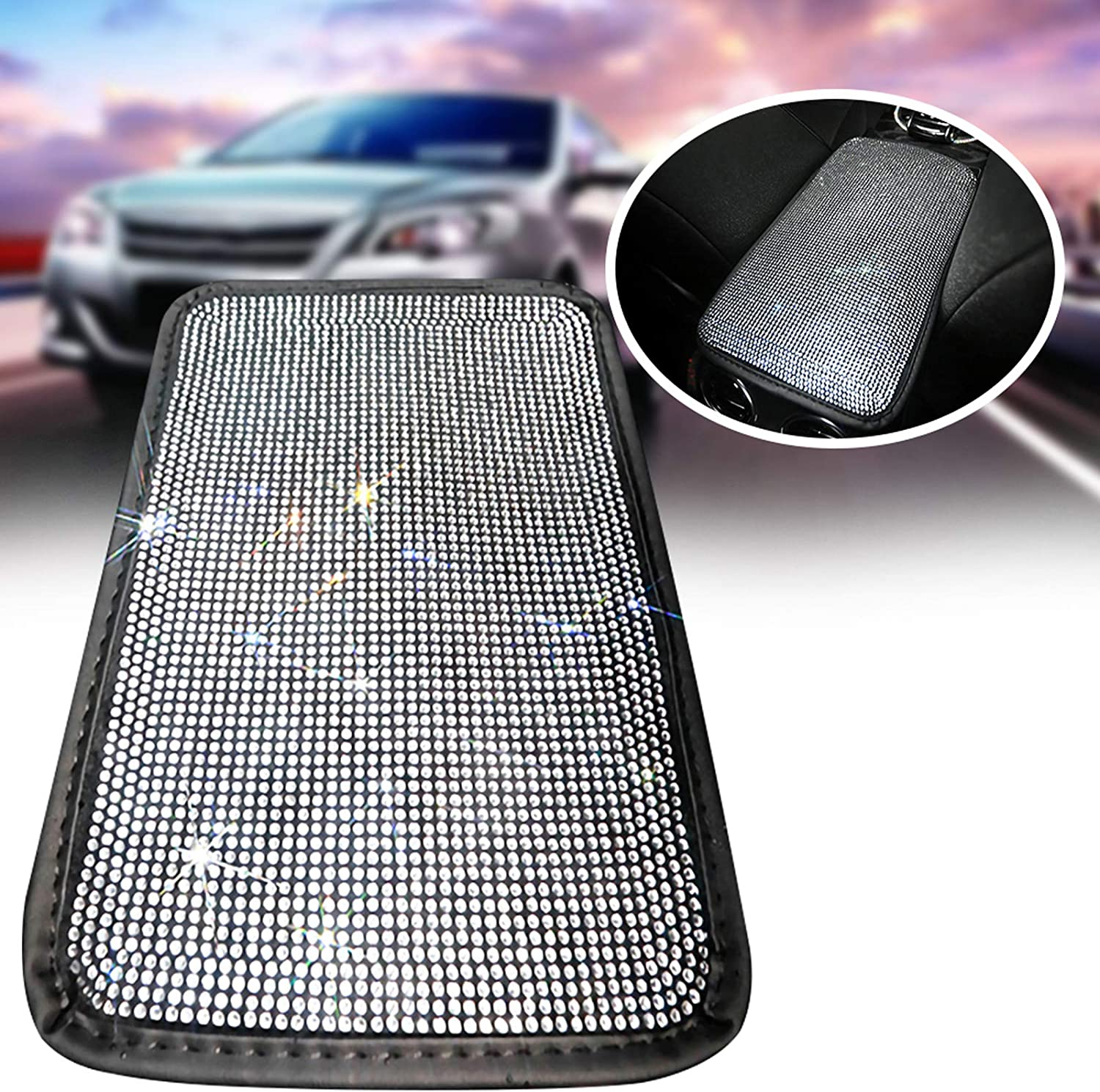 SUHU Bling Car Armrest Cover Cute Charming Auto Center Console Protective Cover Luster Crystal Rhinestone Car Arm Rest Cushion Pad Bling Car Interior Accessory for Women Girl 12.2 X 8.7 Inch 3 image number 2